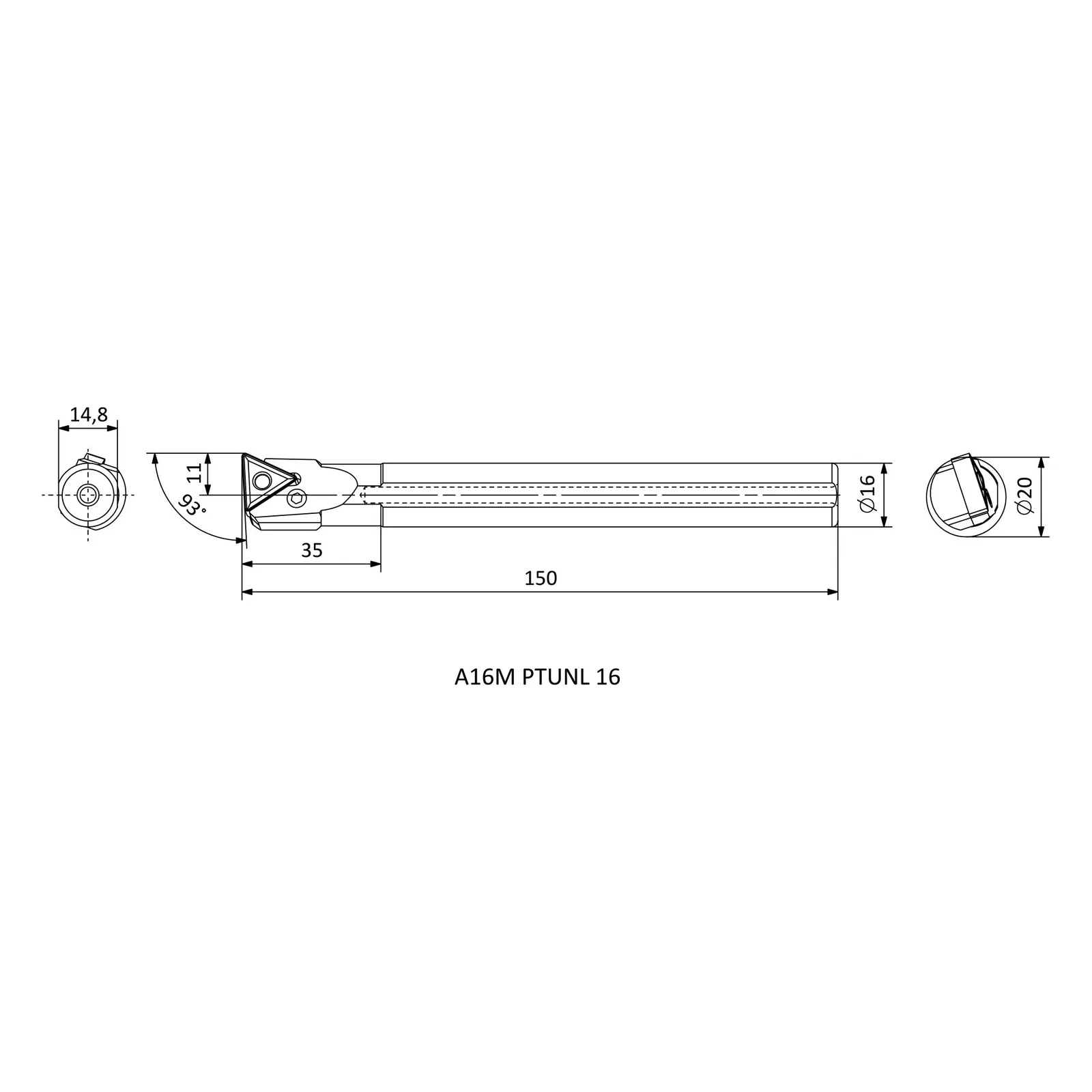 A16M PTUNL 16 &mdash; dimensioned drawing