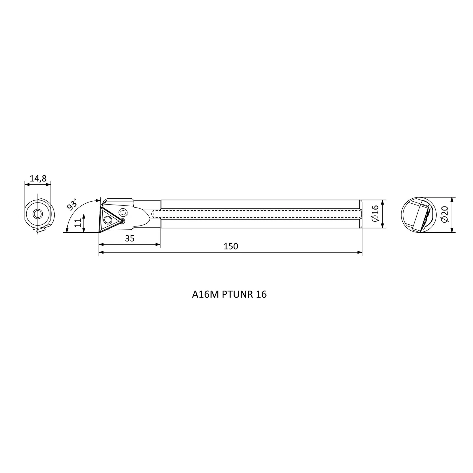 A16M PTUNR 16 &mdash; dimensioned drawing