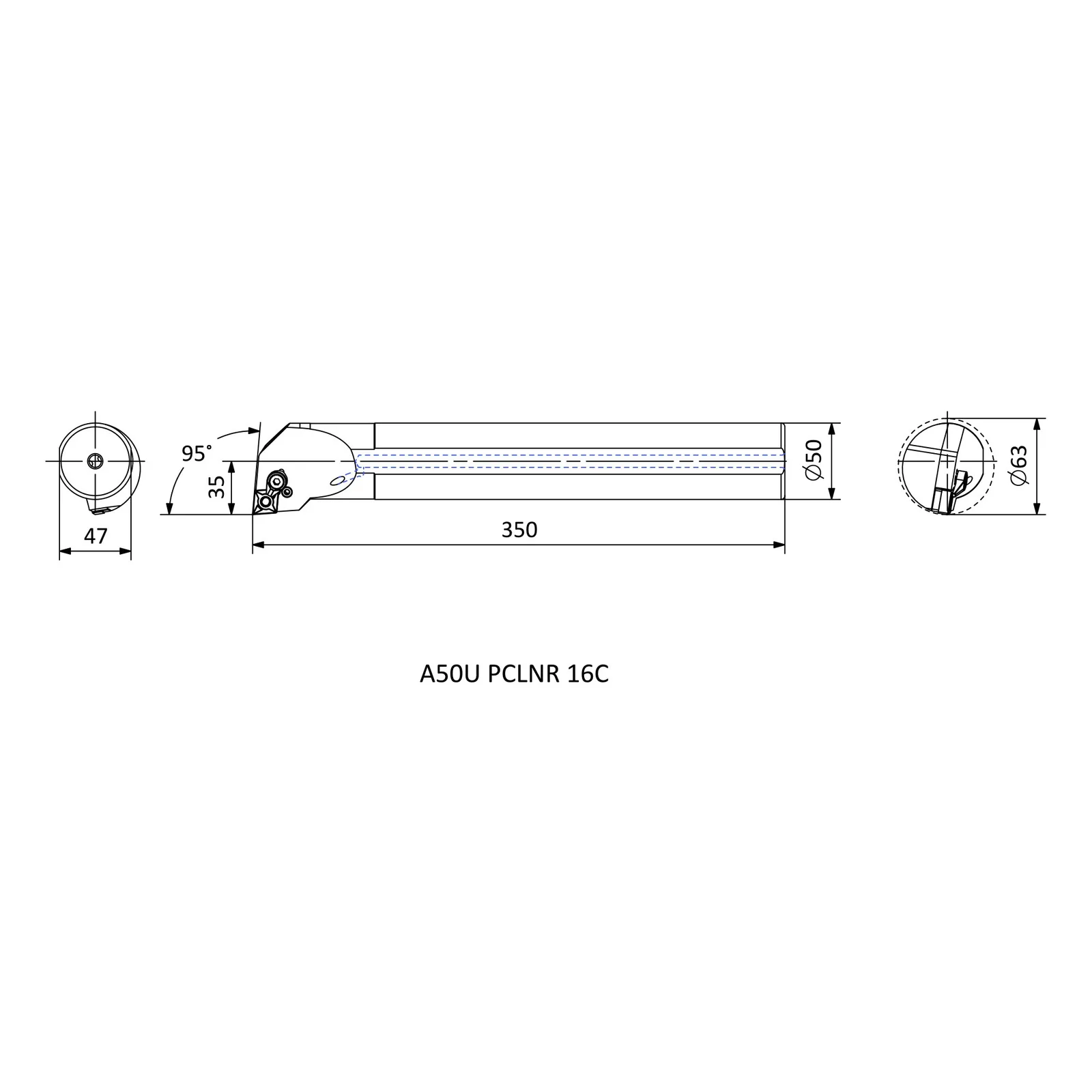 A50U PCLNR 16C &mdash; dimensioned drawing
