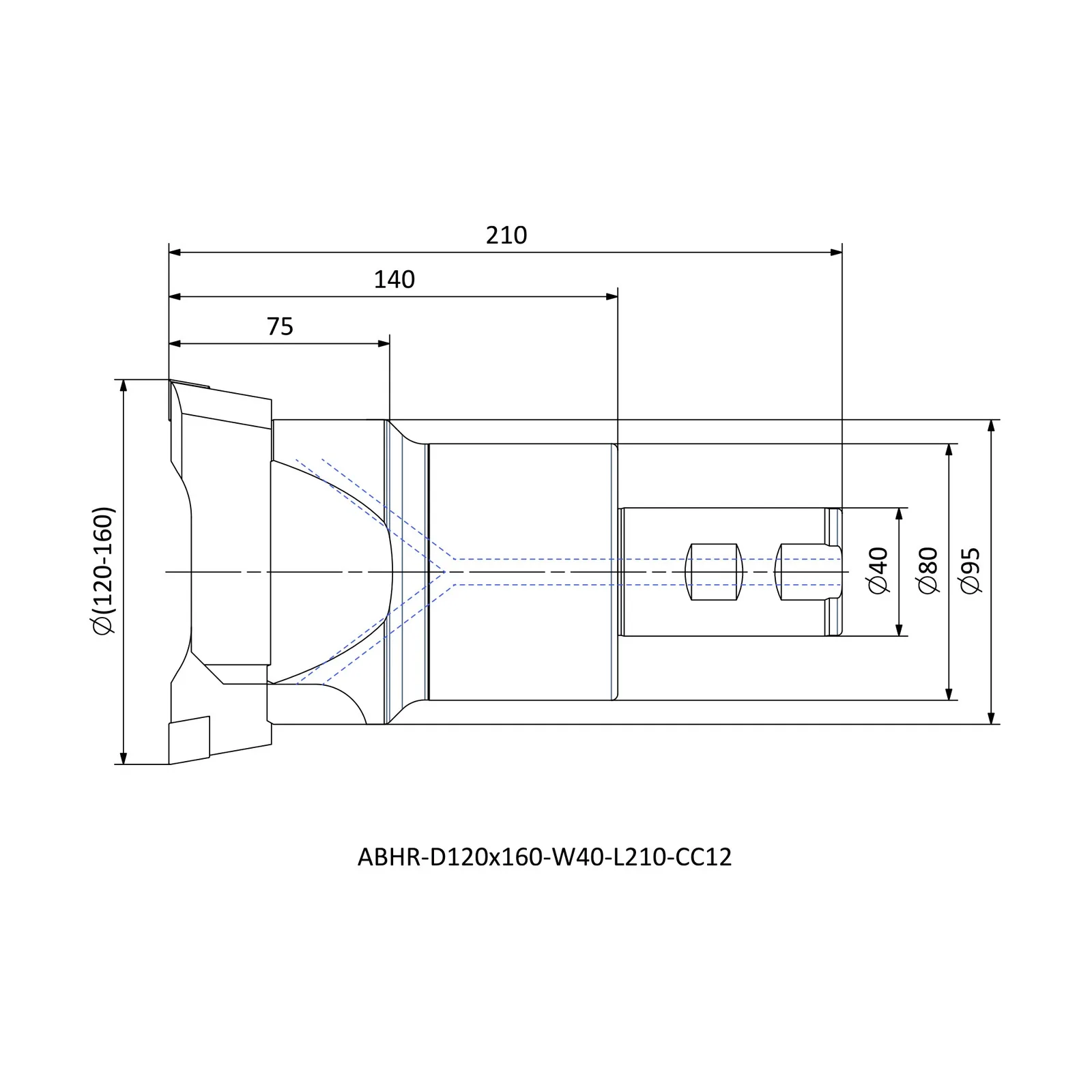 ABHR-D120x160-W40-L210-CC12 &mdash; dimensioned drawing