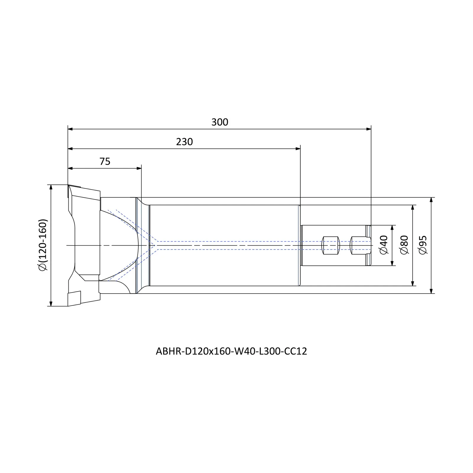 ABHR-D120x160-W40-L300-CC12 &mdash; dimensioned drawing