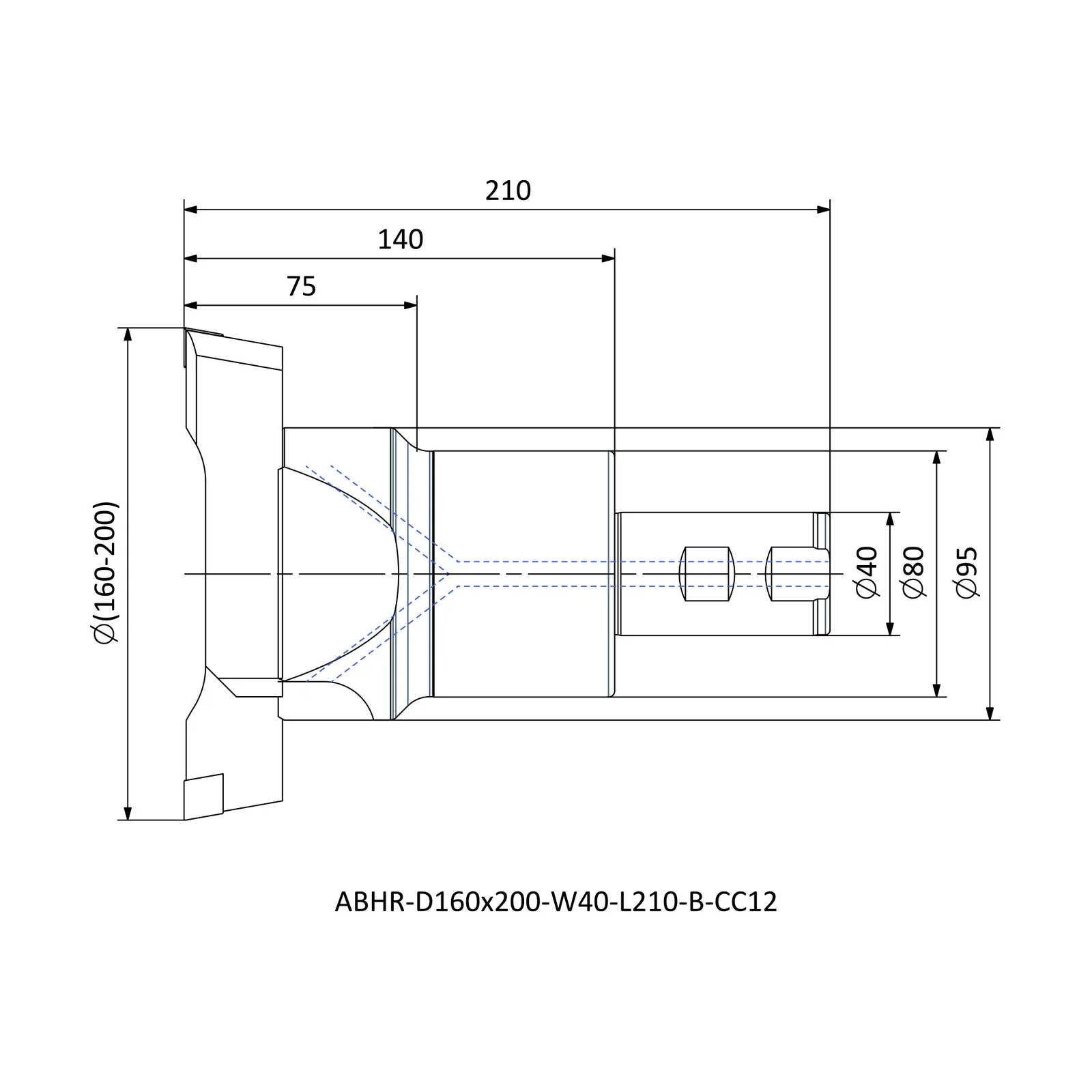 ABHR-D160x200-W40-L210-B-CC12 &mdash; dimensioned drawing