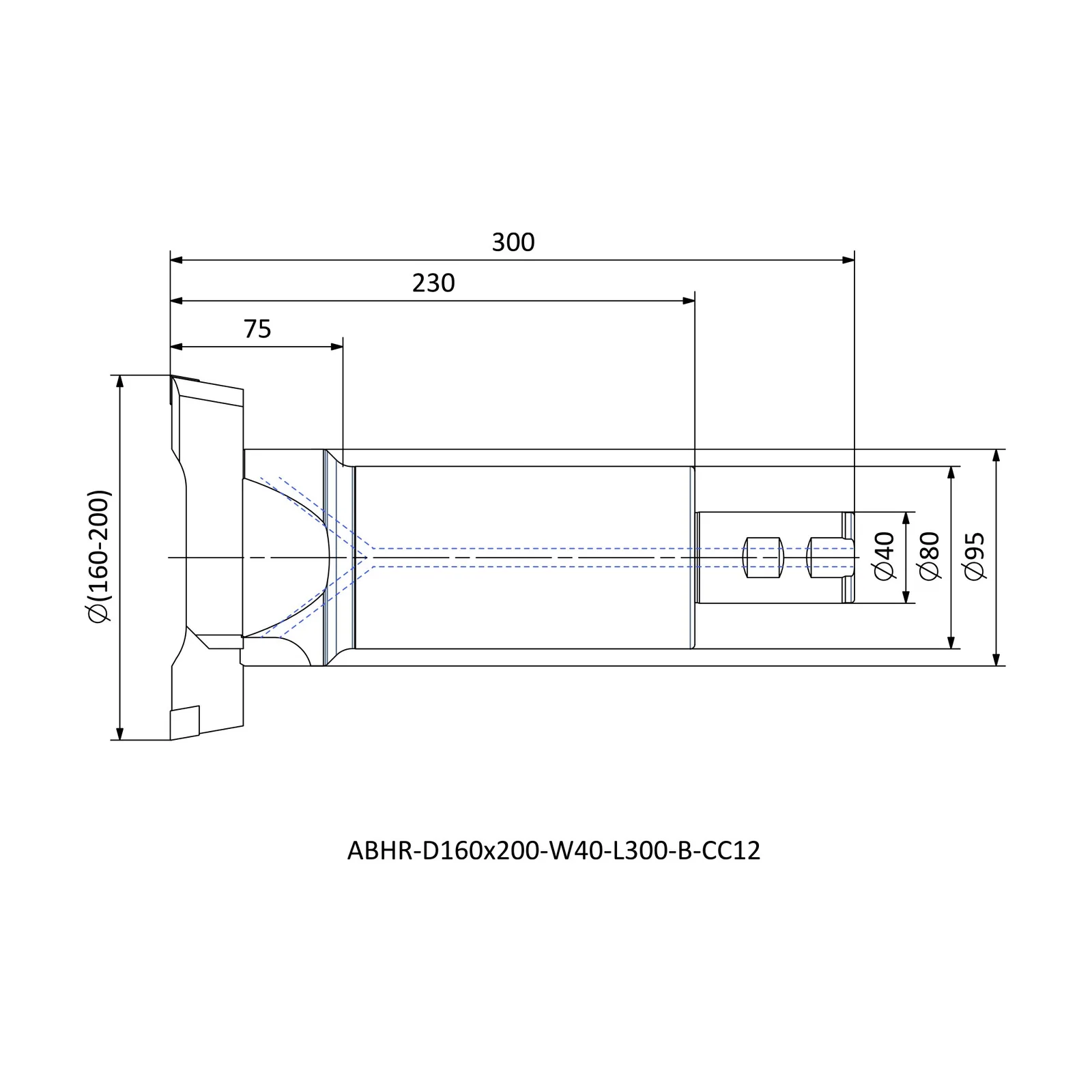 ABHR-D160x200-W40-L300-B-CC12 &mdash; dimensioned drawing