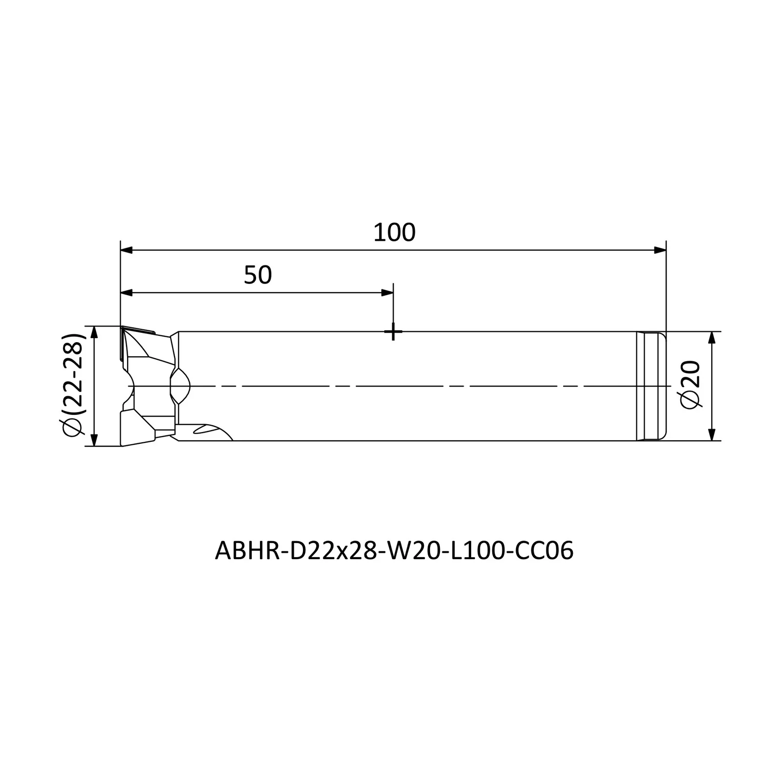 ABHR-D22x28-W20-L100-CC06 &mdash; dimensioned drawing