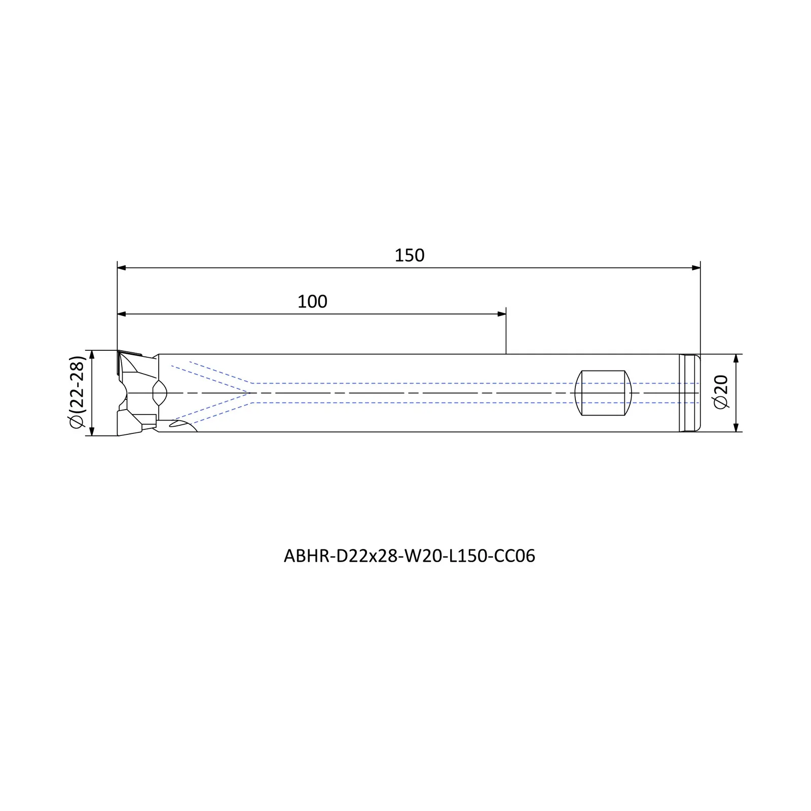 ABHR-D22x28-W20-L150-CC06 &mdash; dimensioned drawing