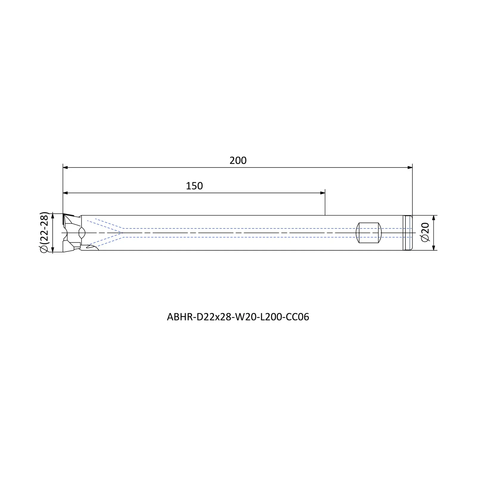ABHR-D22x28-W20-L200-CC06 &mdash; dimensioned drawing
