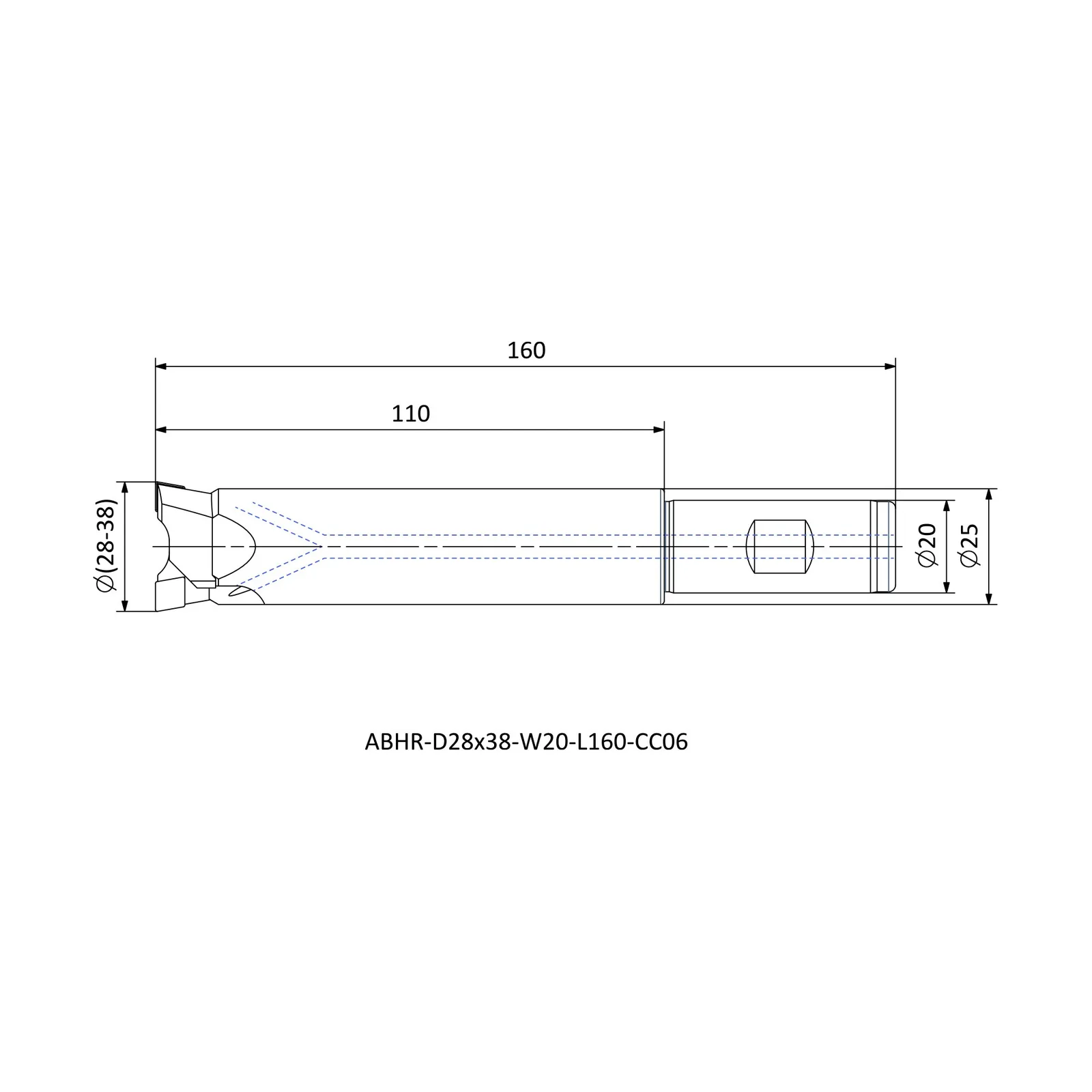 ABHR-D28x38-W20-L160-CC06 &mdash; dimensioned drawing