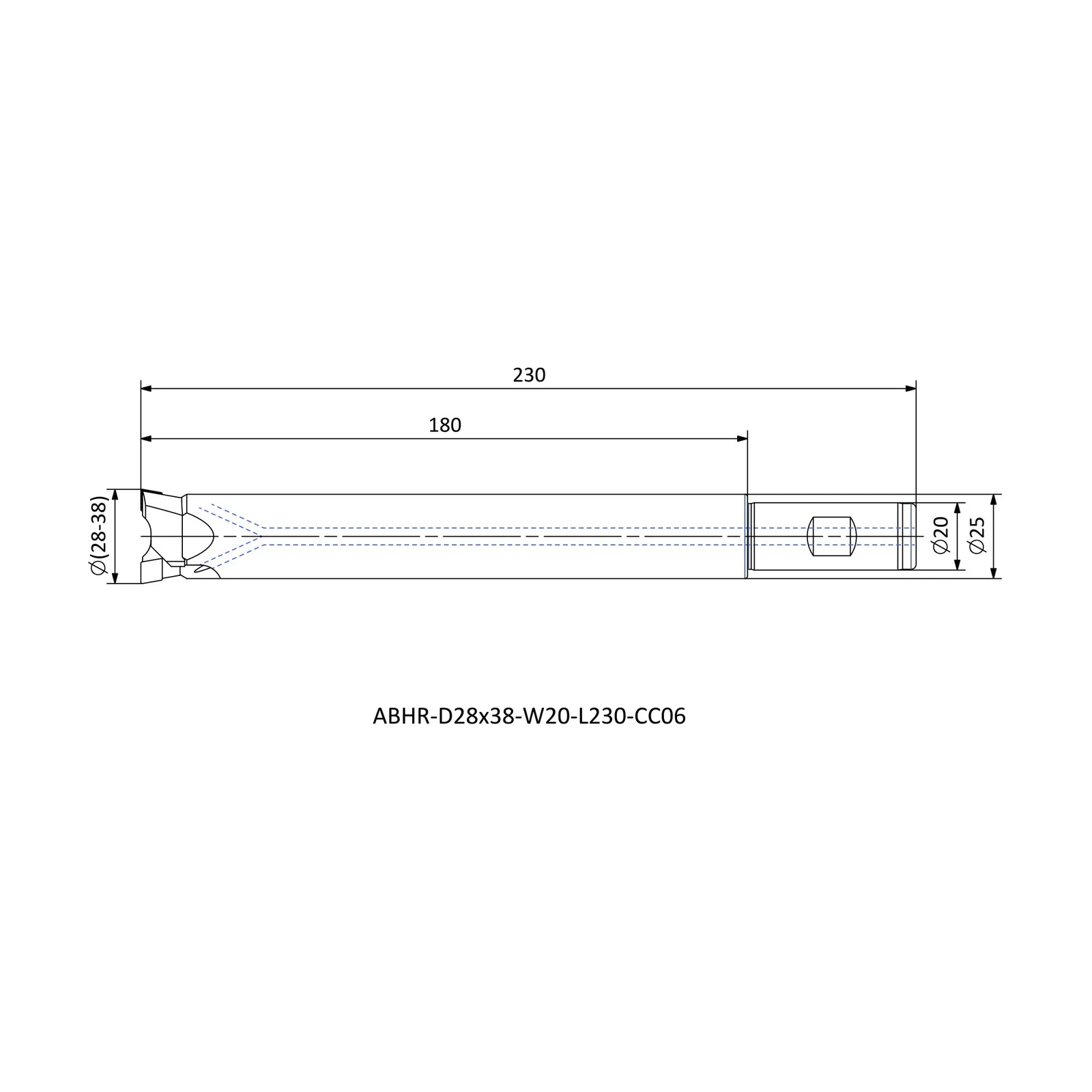 ABHR-D28x38-W20-L230-CC06 &mdash; dimensioned drawing