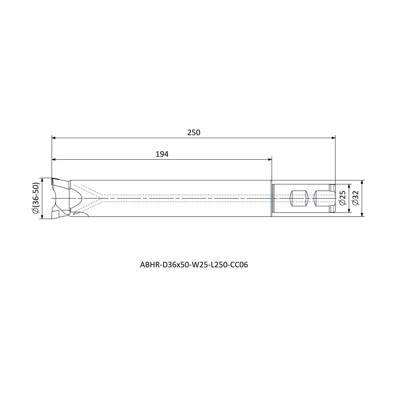ABHR-D36x50-W25-L250-CC06 &mdash; dimensioned drawing