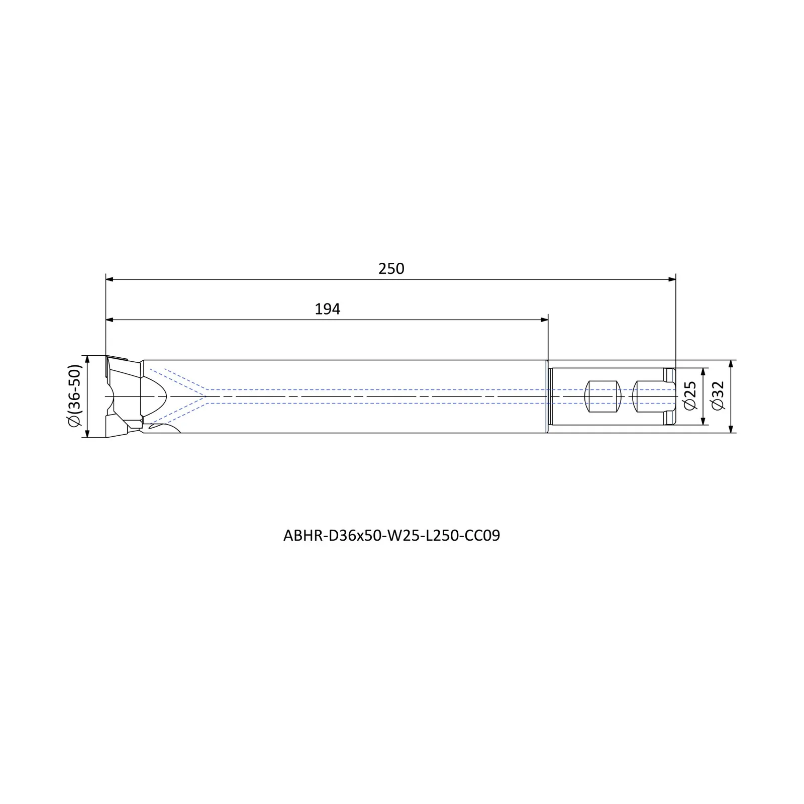 ABHR-D36x50-W25-L250-CC09 &mdash; dimensioned drawing