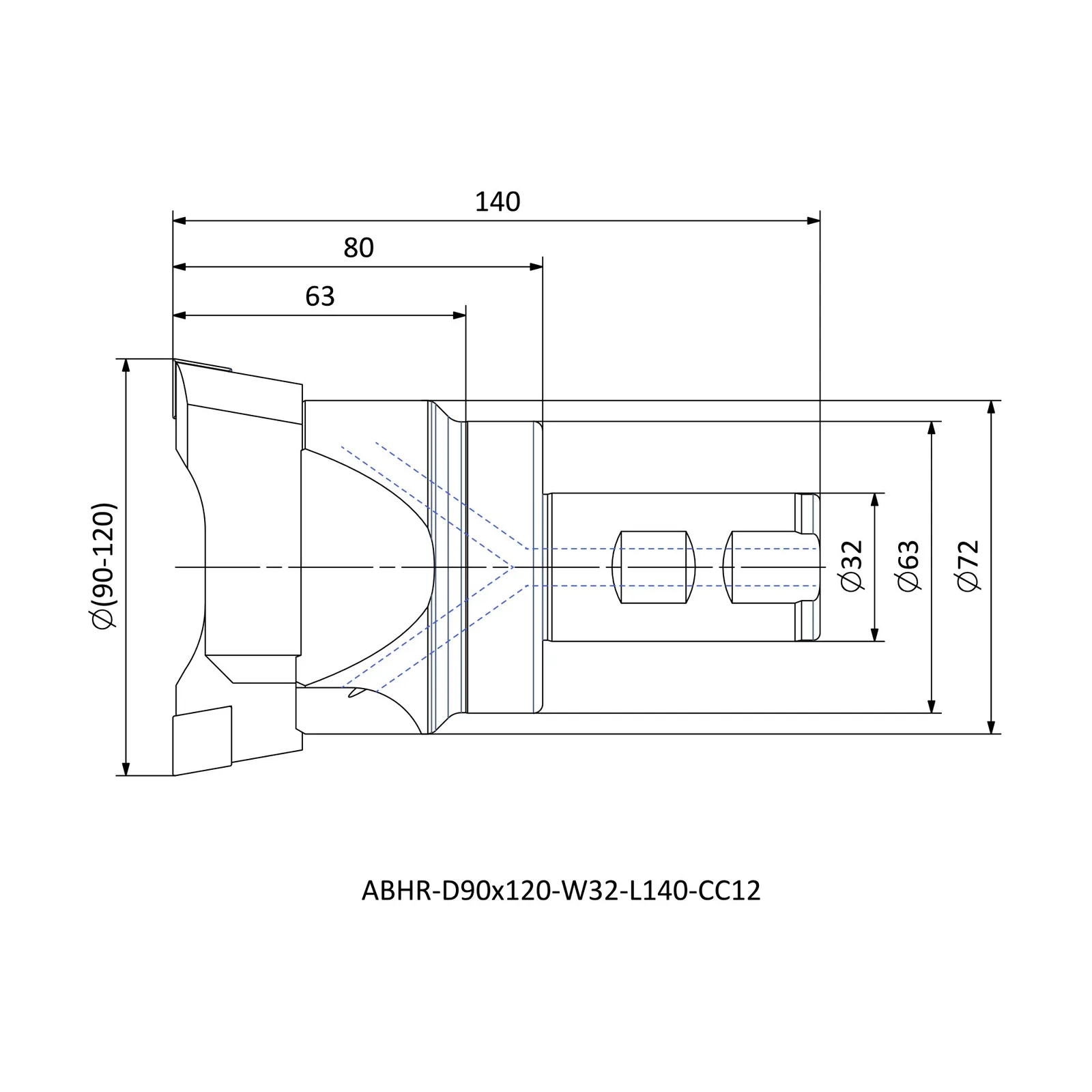 ABHR-D90x120-W32-L140-CC12 &mdash; dimensioned drawing