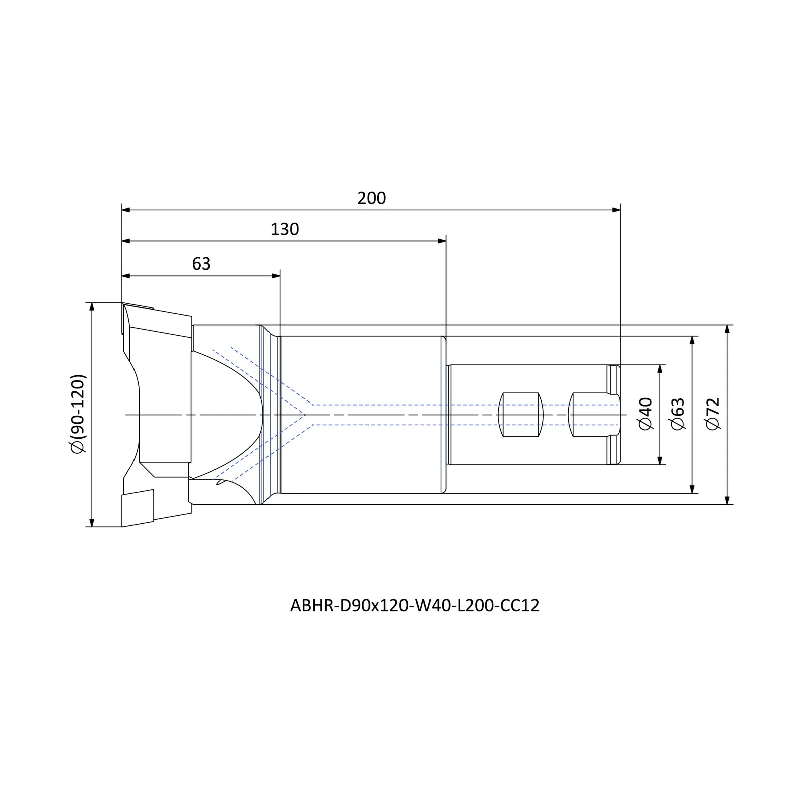 ABHR-D90x120-W40-L200-CC12 &mdash; dimensioned drawing