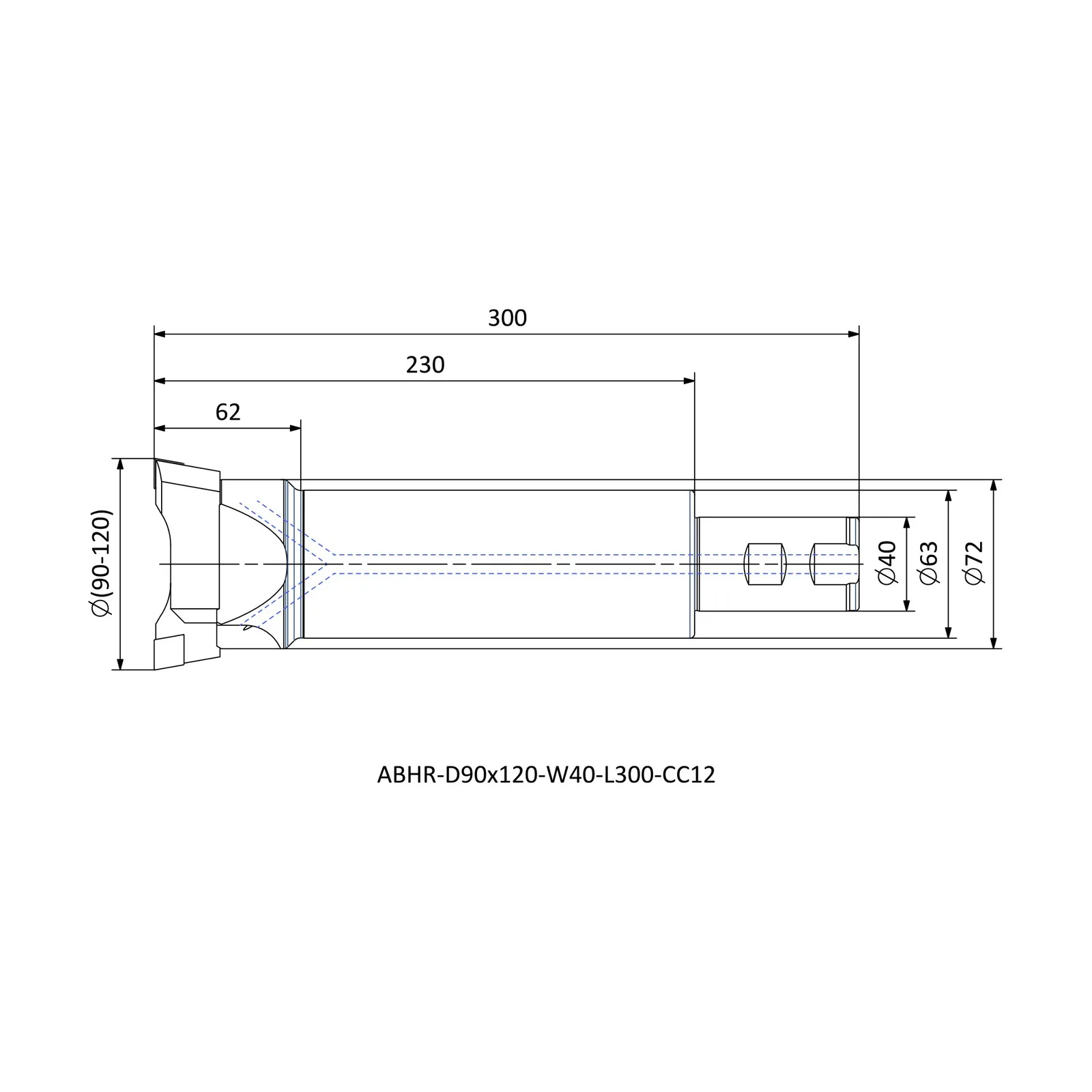 ABHR-D90x120-W40-L300-CC12 &mdash; dimensioned drawing