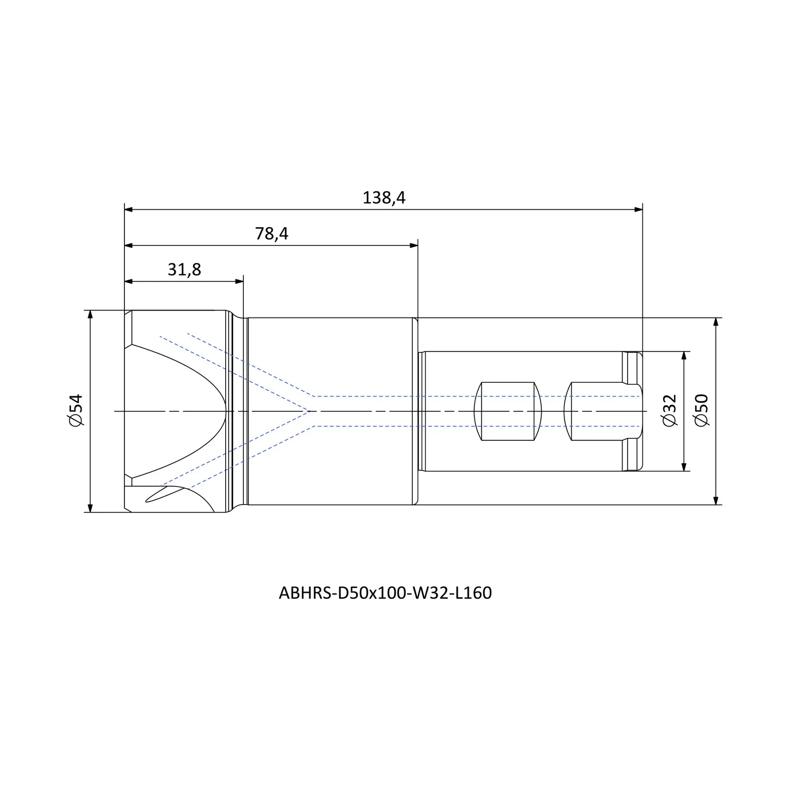 ABHRS-D50x100-W32-L160 &mdash; dimensioned drawing