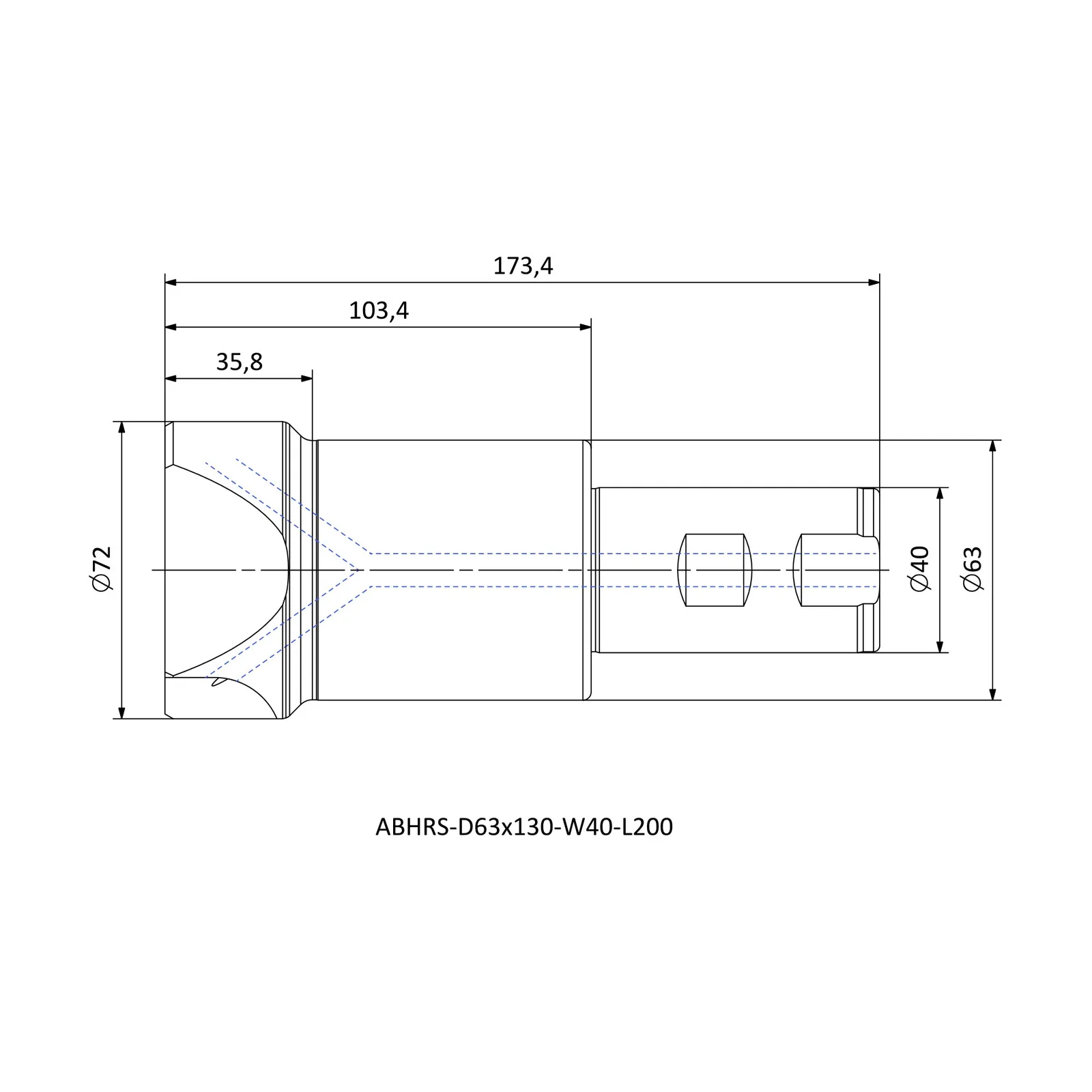 ABHRS-D63x130-W40-L200 &mdash; dimensioned drawing