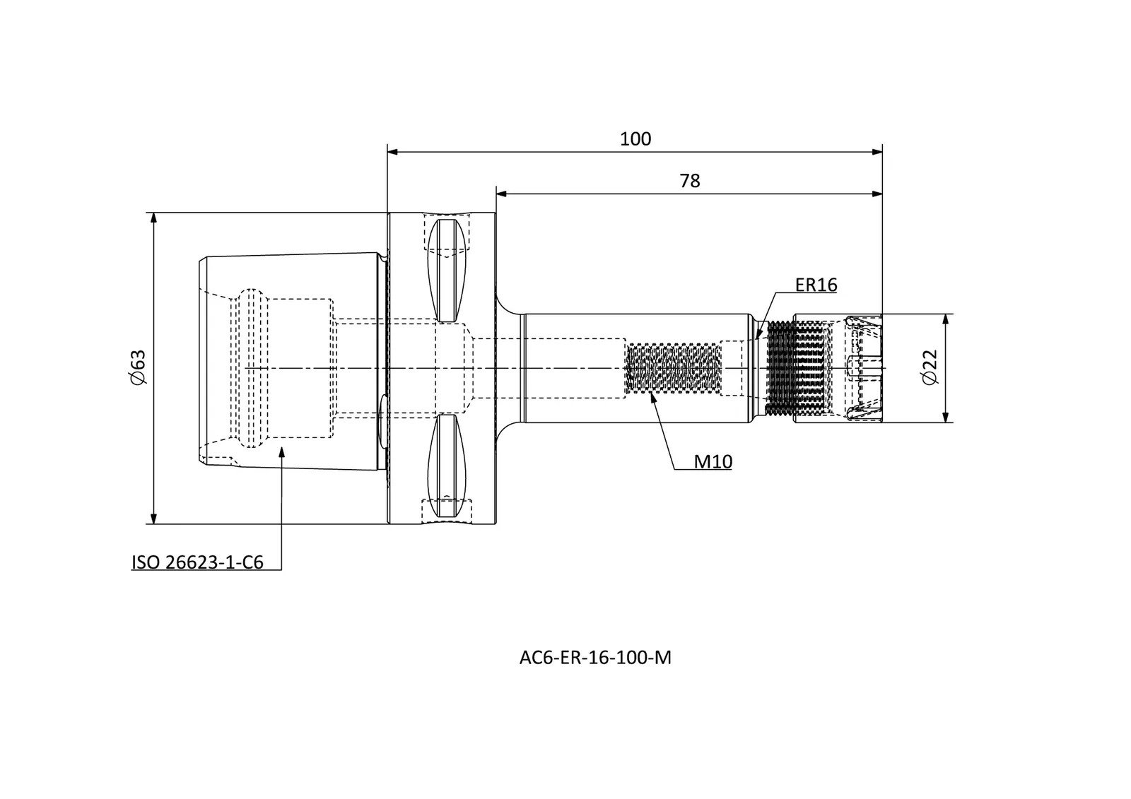 AC6-ER-16-100-M &mdash; dimensioned drawing