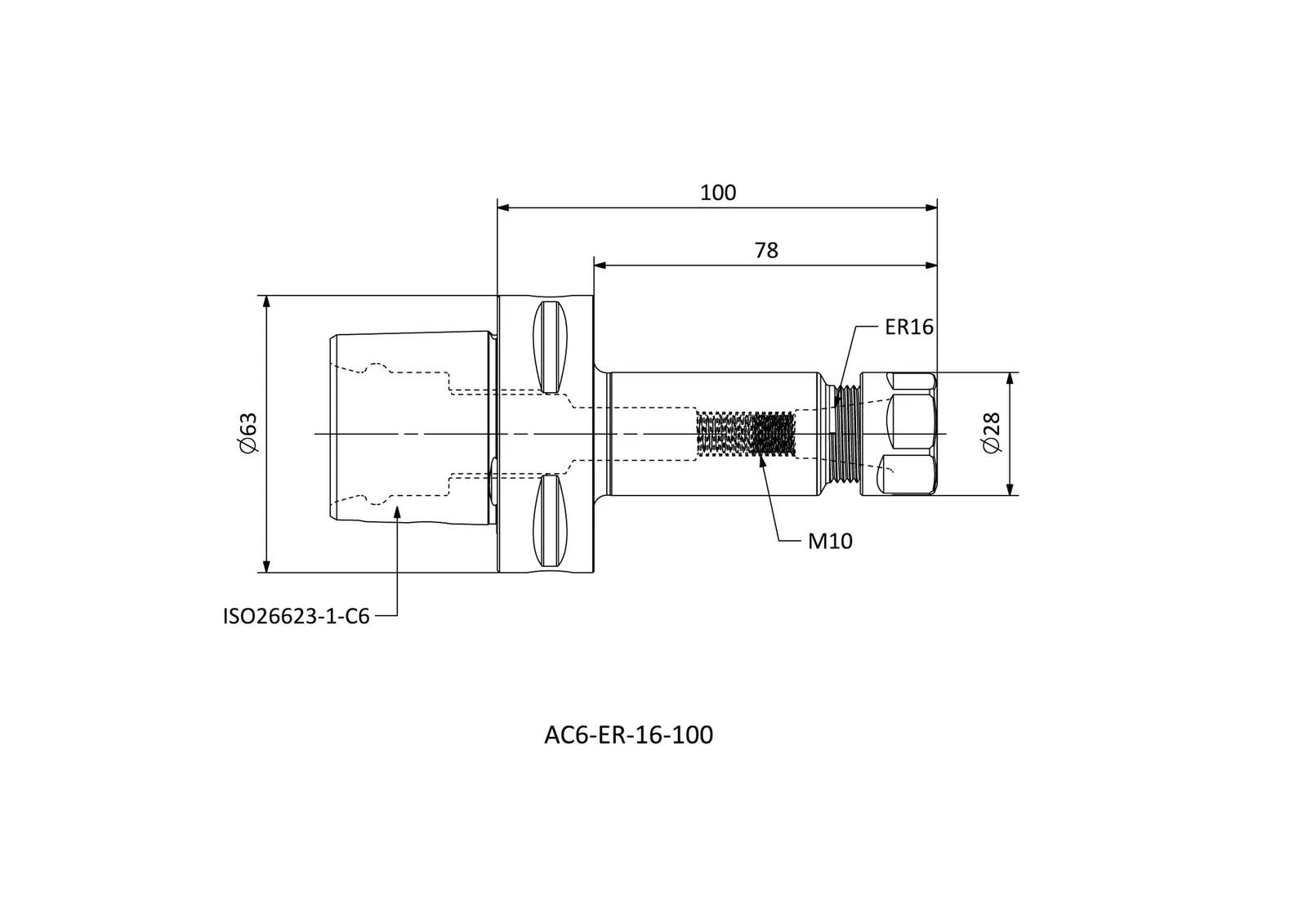AC6-ER-16-100 &mdash; dimensioned drawing