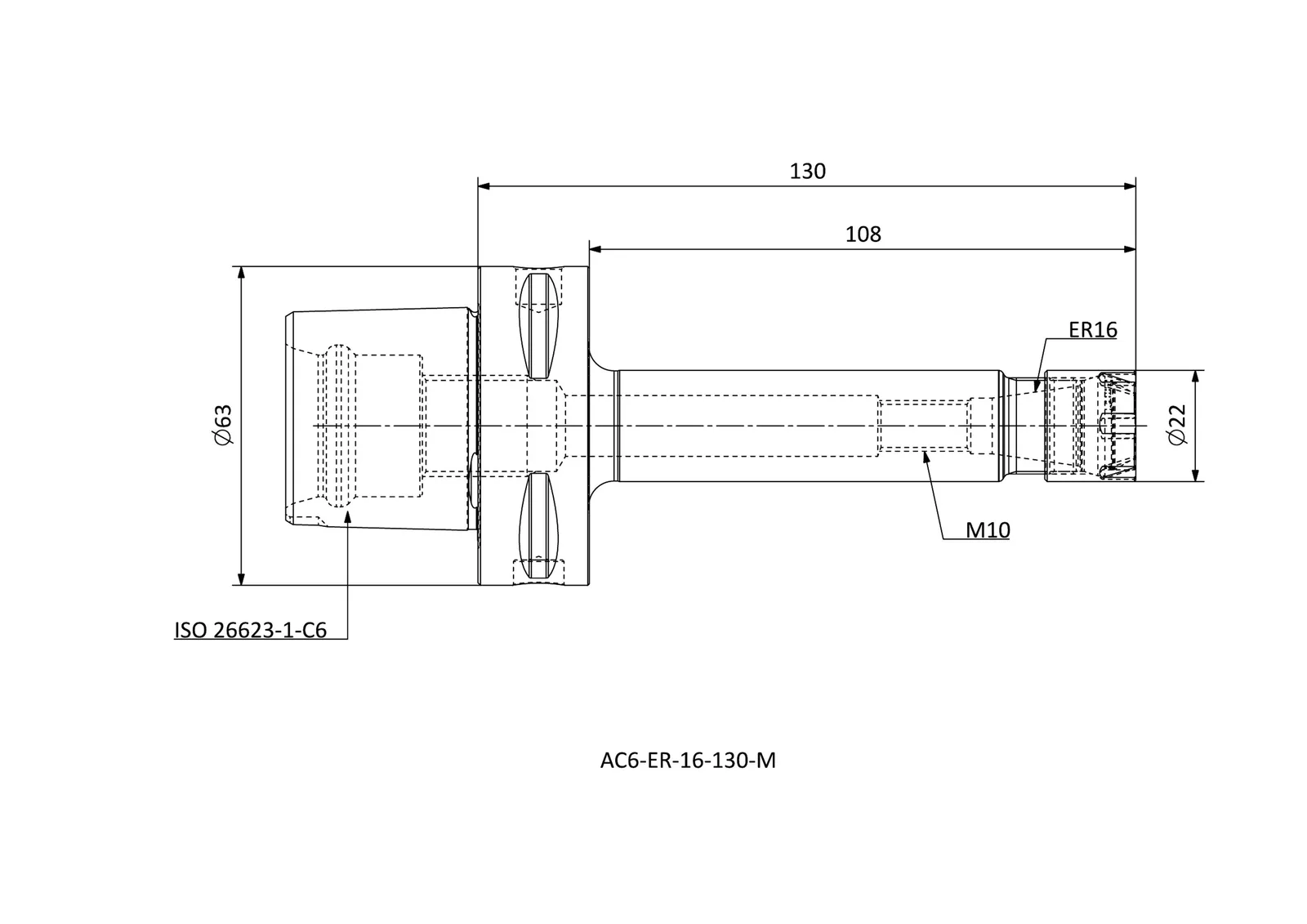 AC6-ER-16-130-M &mdash; dimensioned drawing