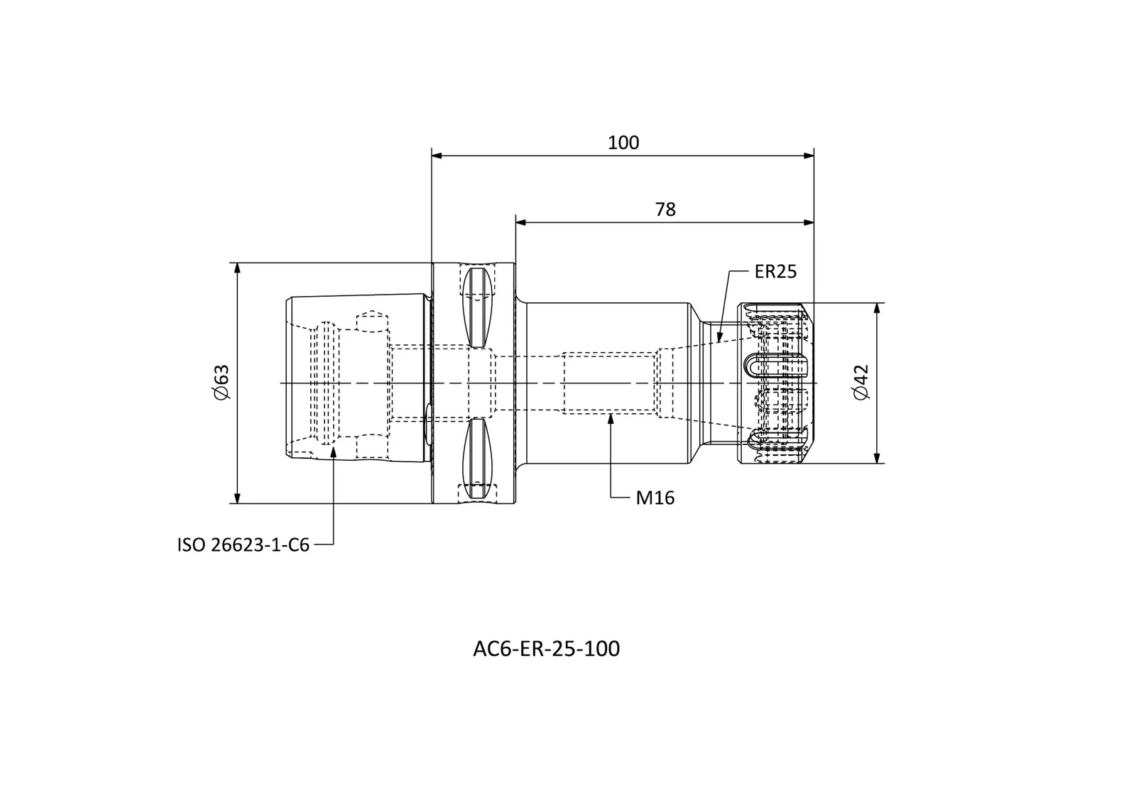 AC6-ER-25-100 &mdash; dimensioned drawing