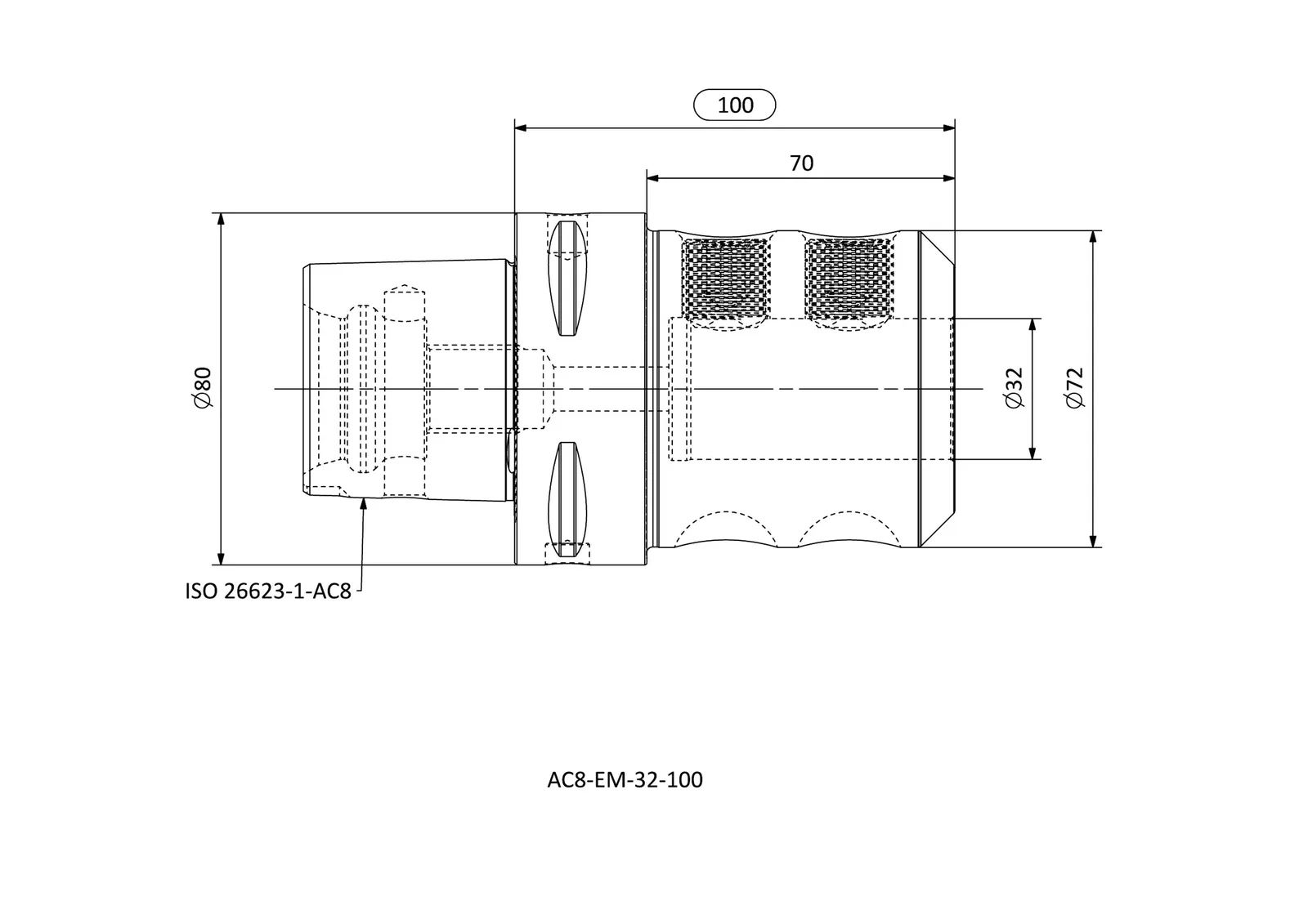 AC8-EM-32-100 &mdash; dimensioned drawing