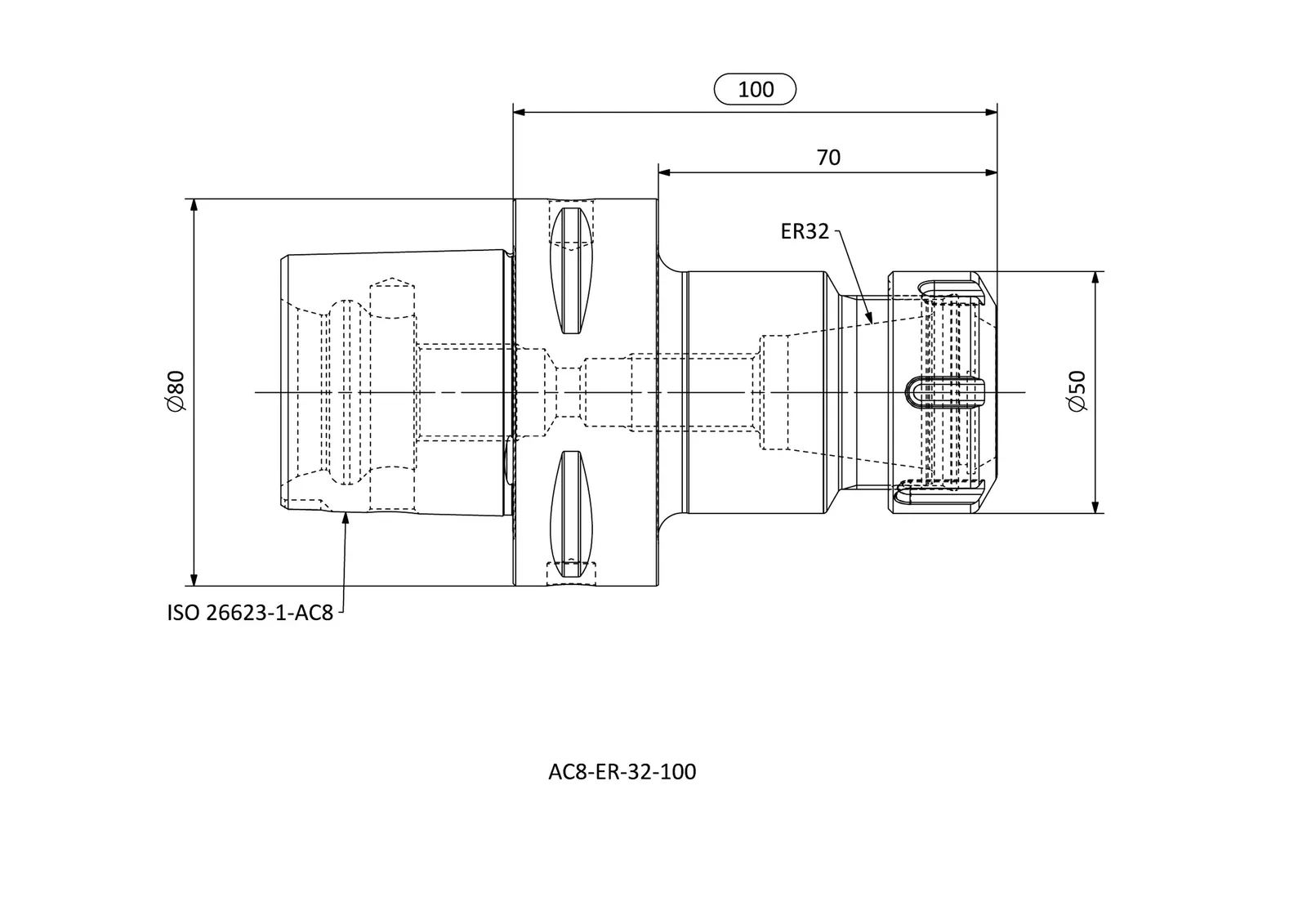 AC8-ER-32-100 &mdash; dimensioned drawing