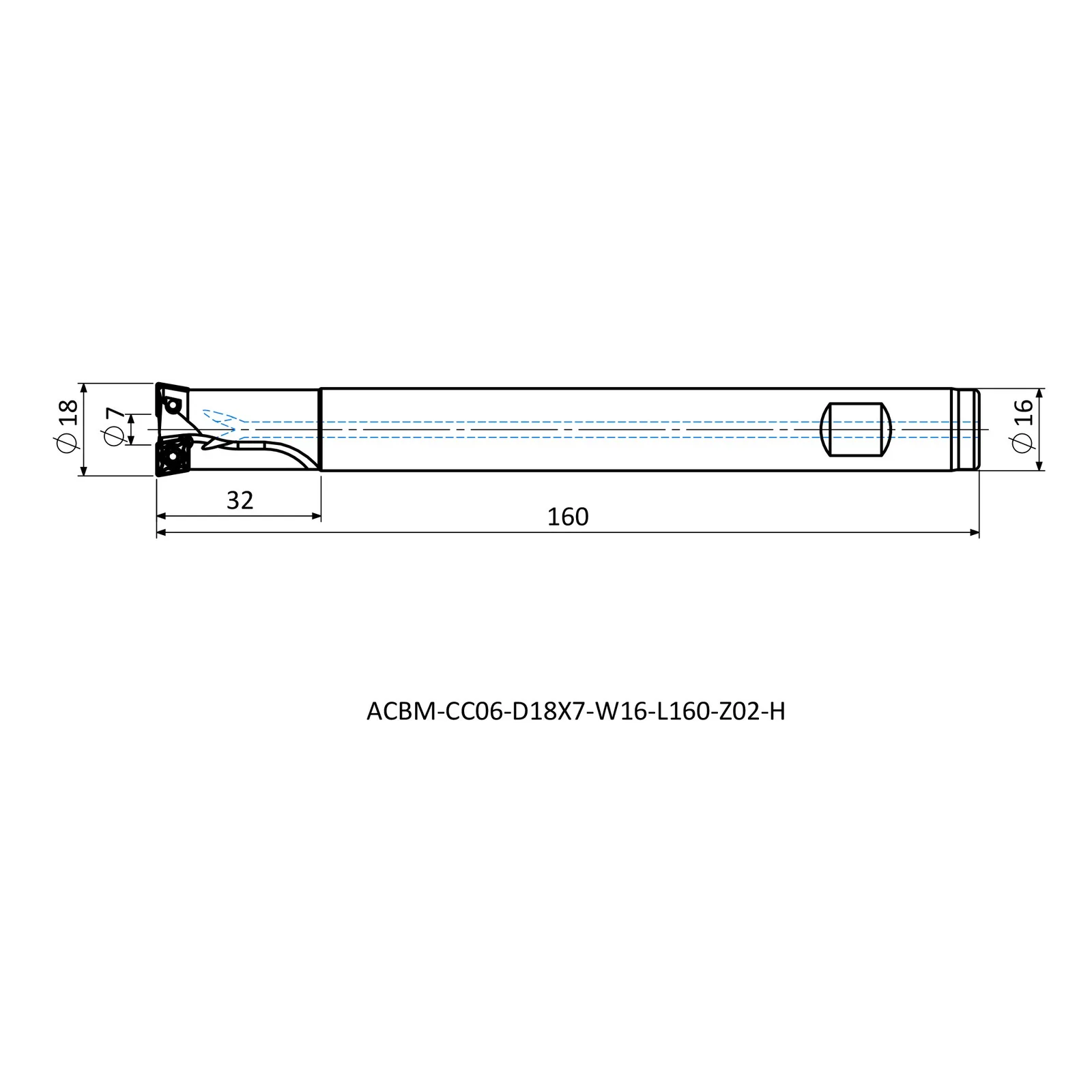 ACBM-CC06-D18X7-W16-L160-Z02-H &mdash; dimensioned drawing