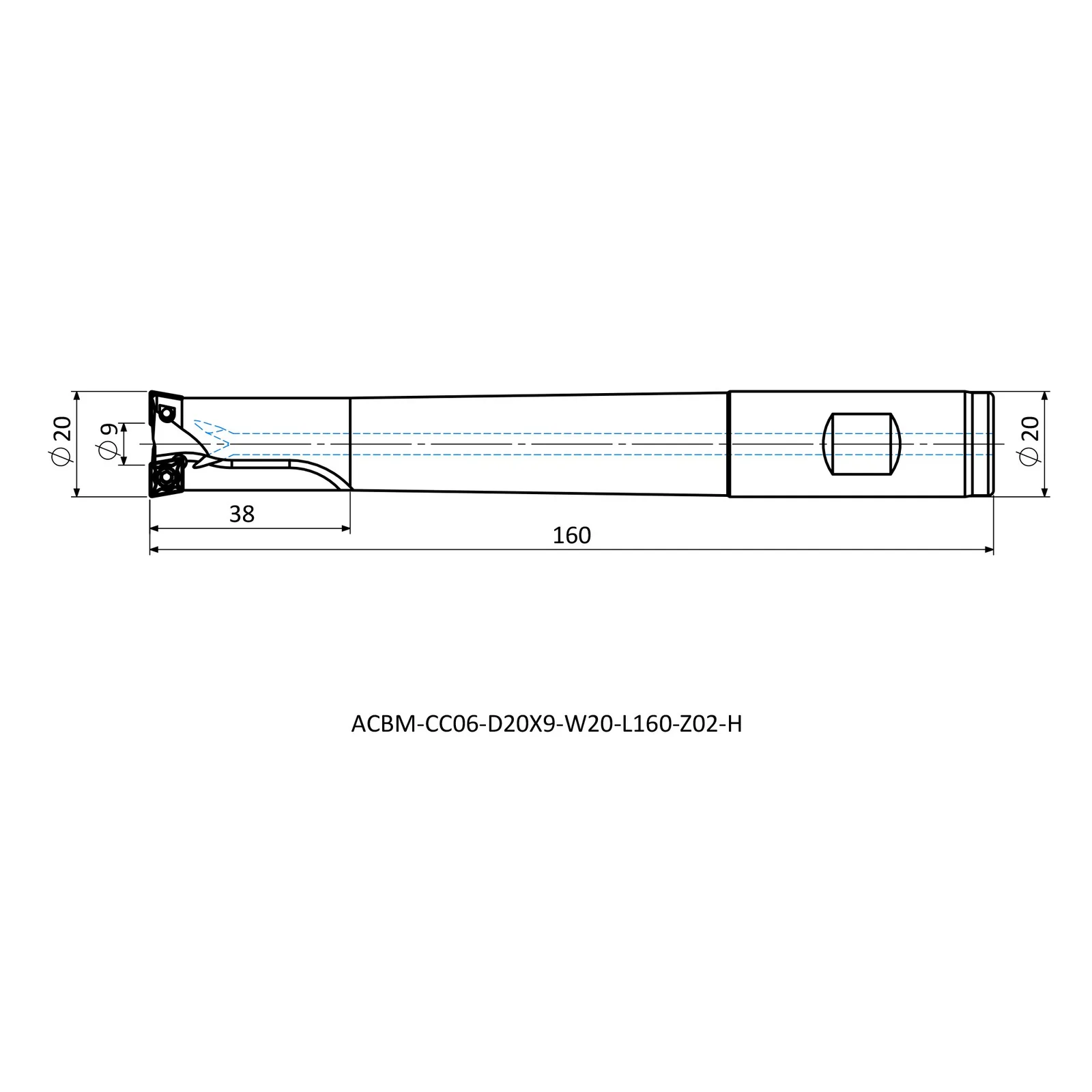 ACBM-CC06-D20X9-W20-L160-Z02-H &mdash; dimensioned drawing
