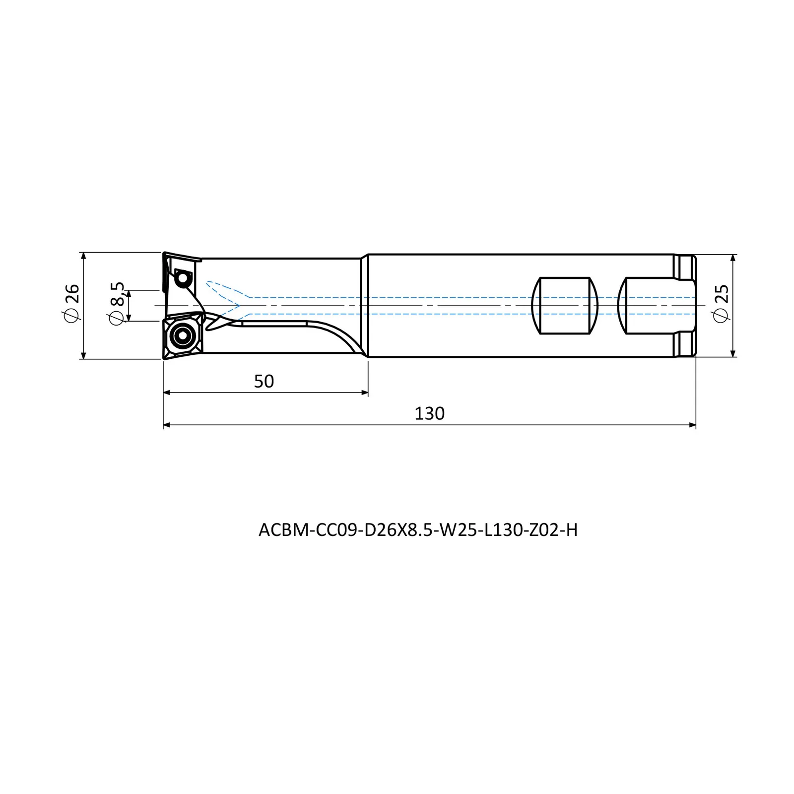 ACBM-CC09-D26X8.5-W25-L130-Z02-H &mdash; dimensioned drawing