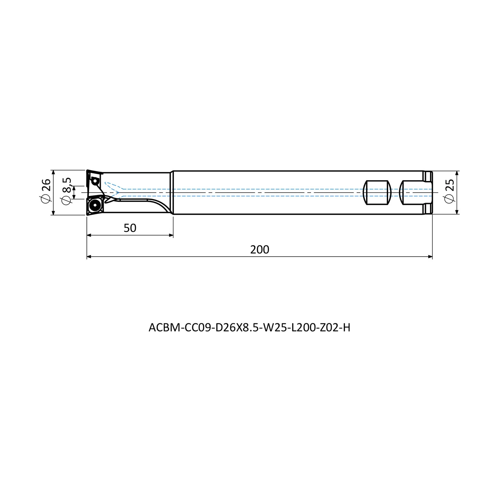 ACBM-CC09-D26X8.5-W25-L200-Z02-H &mdash; dimensioned drawing