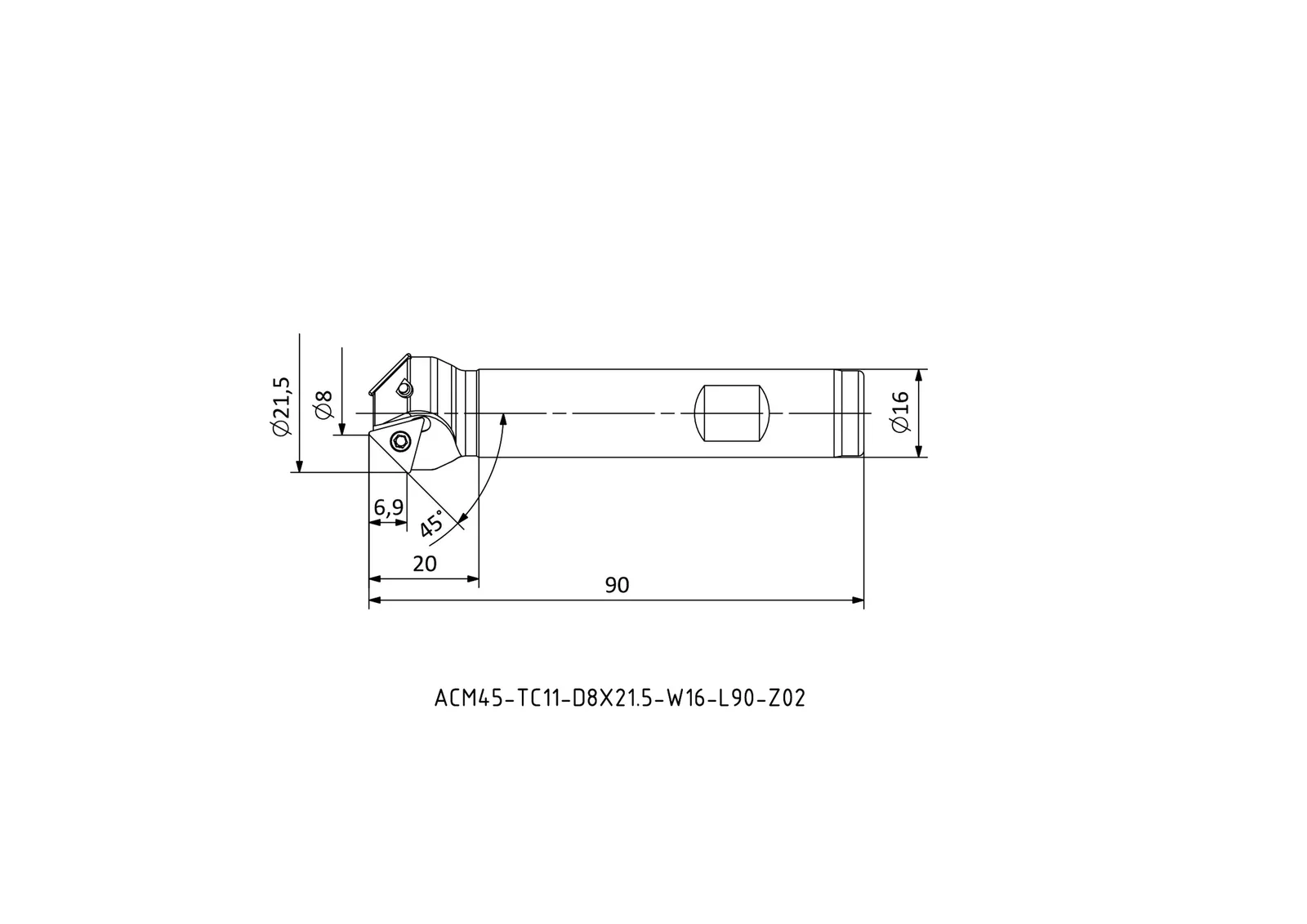 ACM45-TC11-D8X21.5-W16-L90-Z02 &mdash; dimensioned drawing