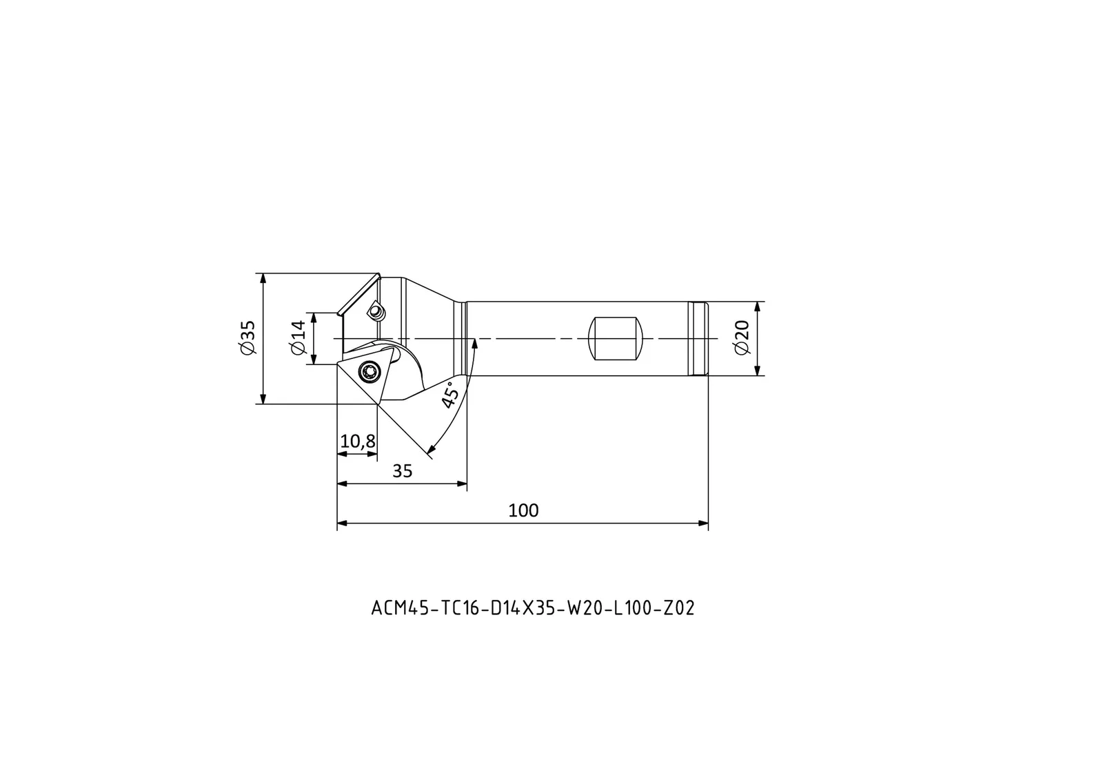 ACM45-TC16-D14X35-W20-L100-Z02 &mdash; dimensioned drawing