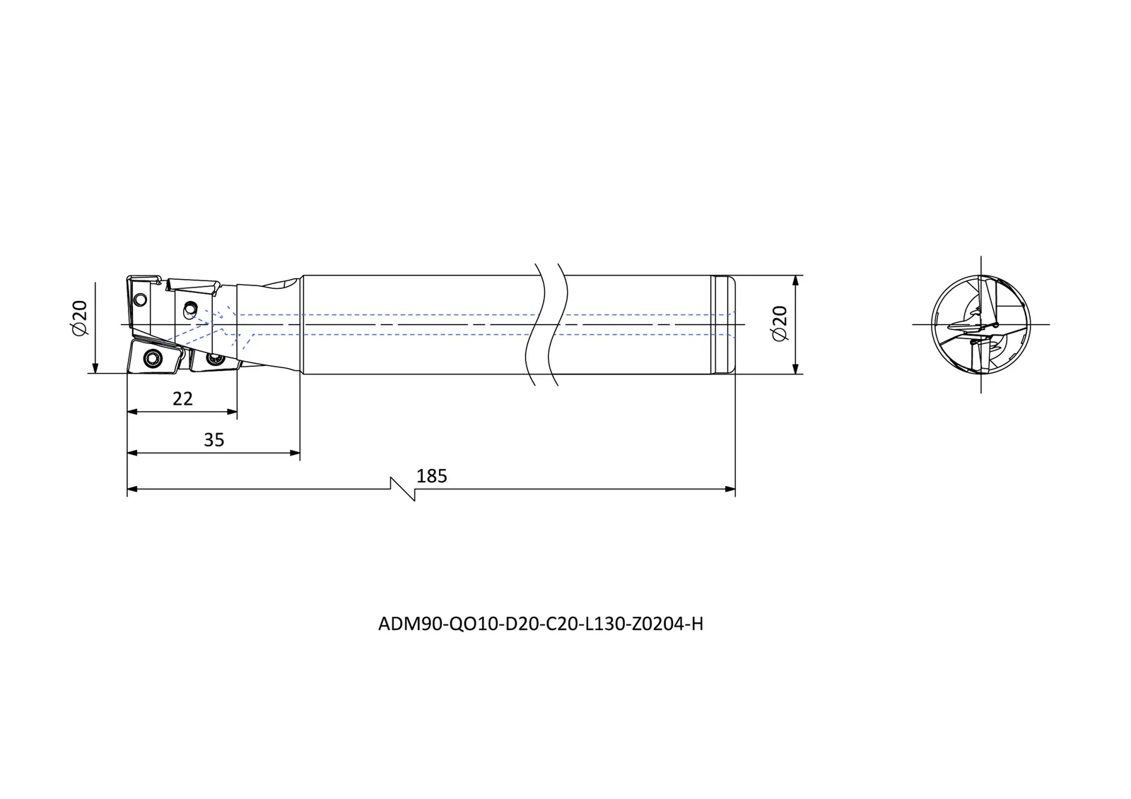 ADM90-QO10-D20-C20-L185-Z0204-H &mdash; dimensioned drawing