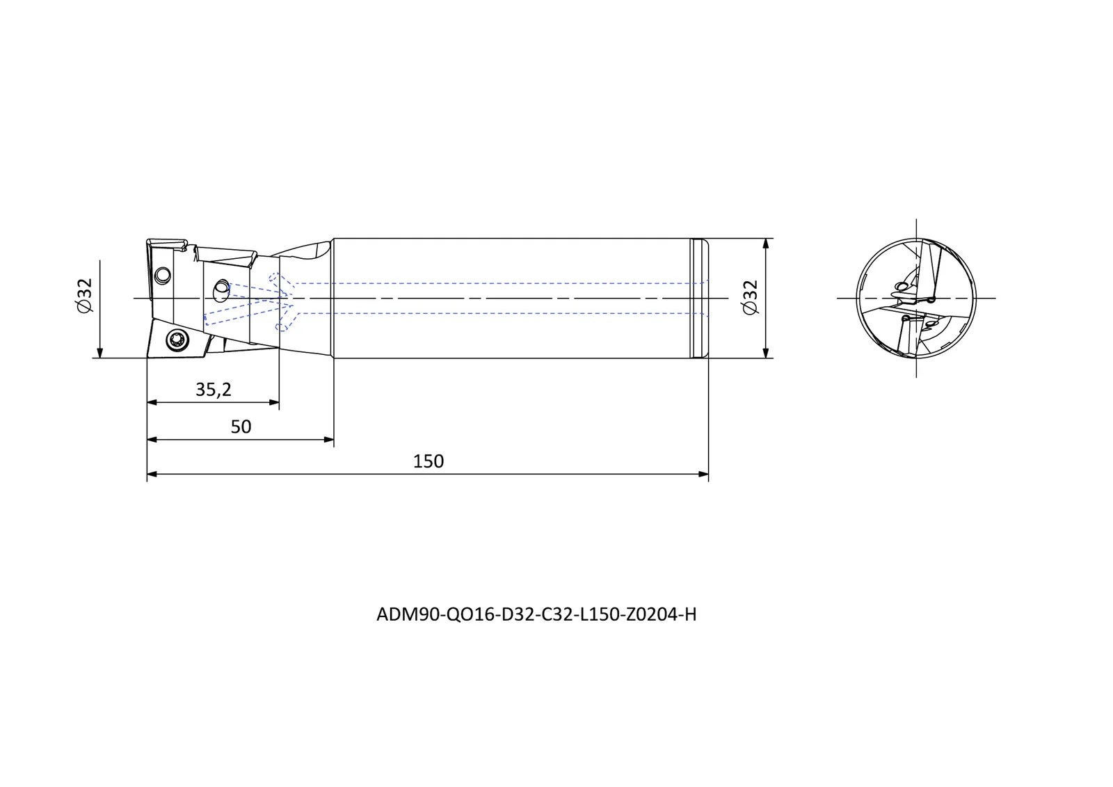 ADM90-QO16-D32-C32-L150-Z0204-H &mdash; dimensioned drawing