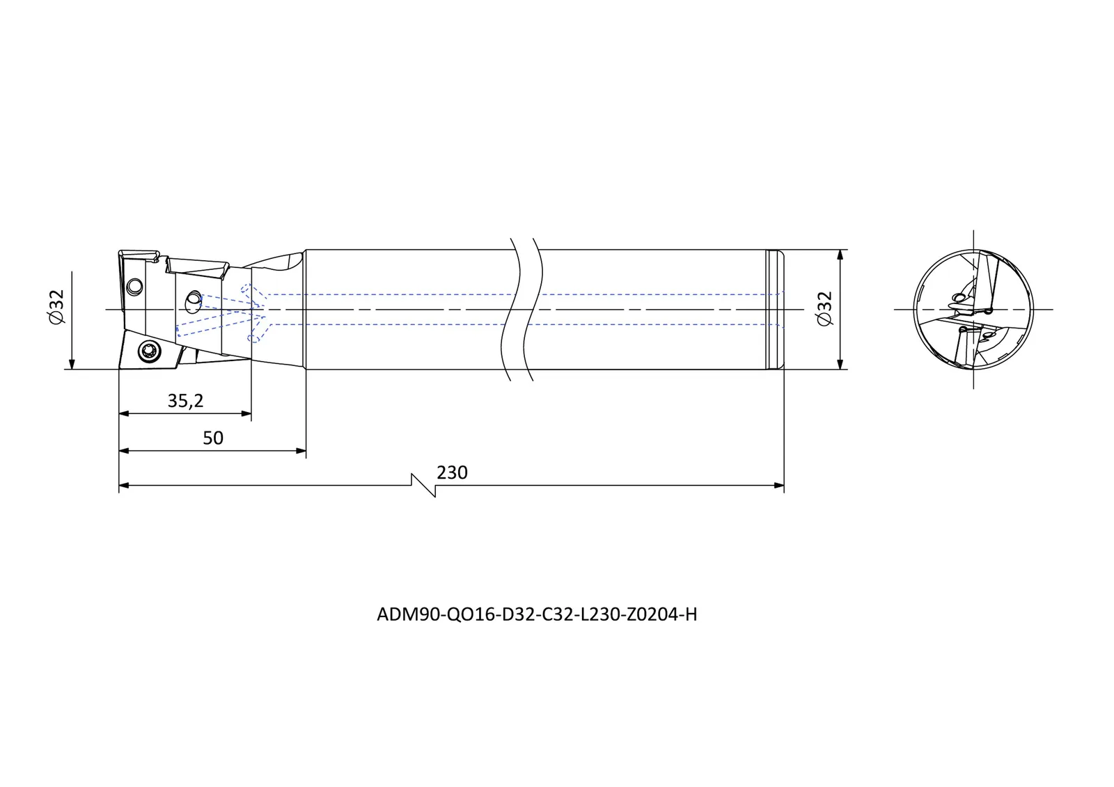ADM90-QO16-D32-C32-L230-Z0204-H &mdash; dimensioned drawing