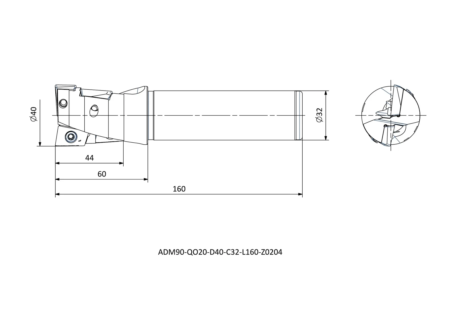 ADM90-QO20-D40-C32-L160-Z0204 &mdash; dimensioned drawing