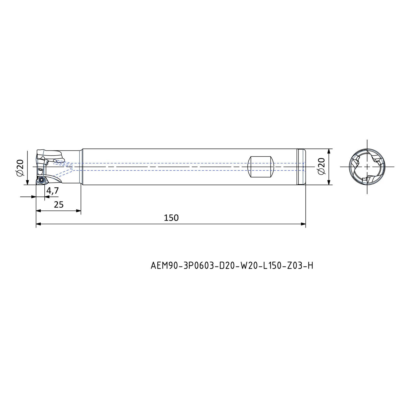 AEM90-3P0603-D20-W20-L150-Z03-H &mdash; dimensioned drawing