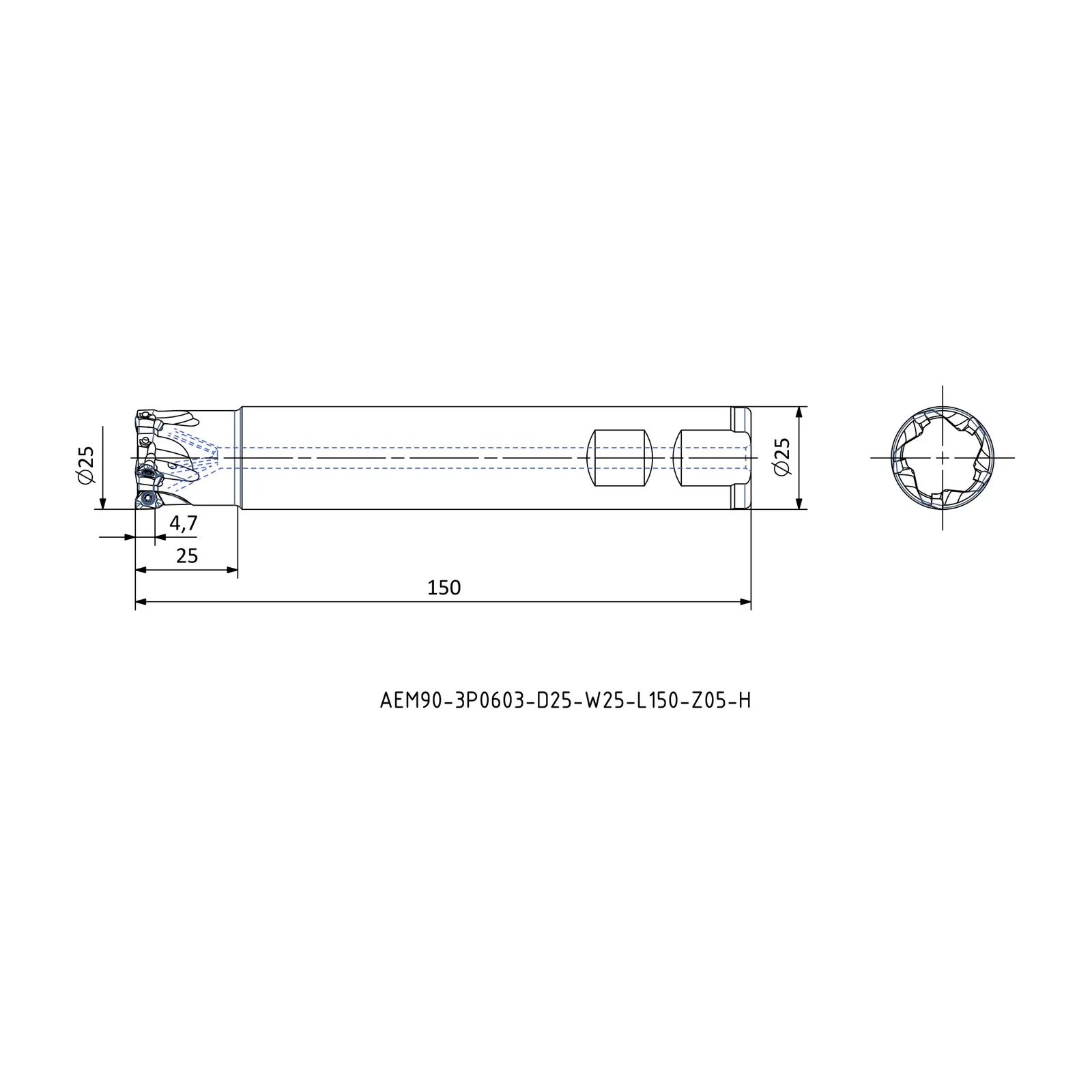 AEM90-3P0603-D25-W25-L150-Z05-H &mdash; dimensioned drawing