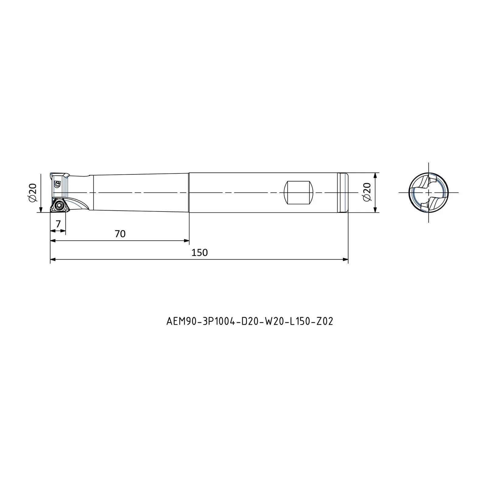 AEM90-3P1004-D20-W20-L150-Z02 &mdash; dimensioned drawing