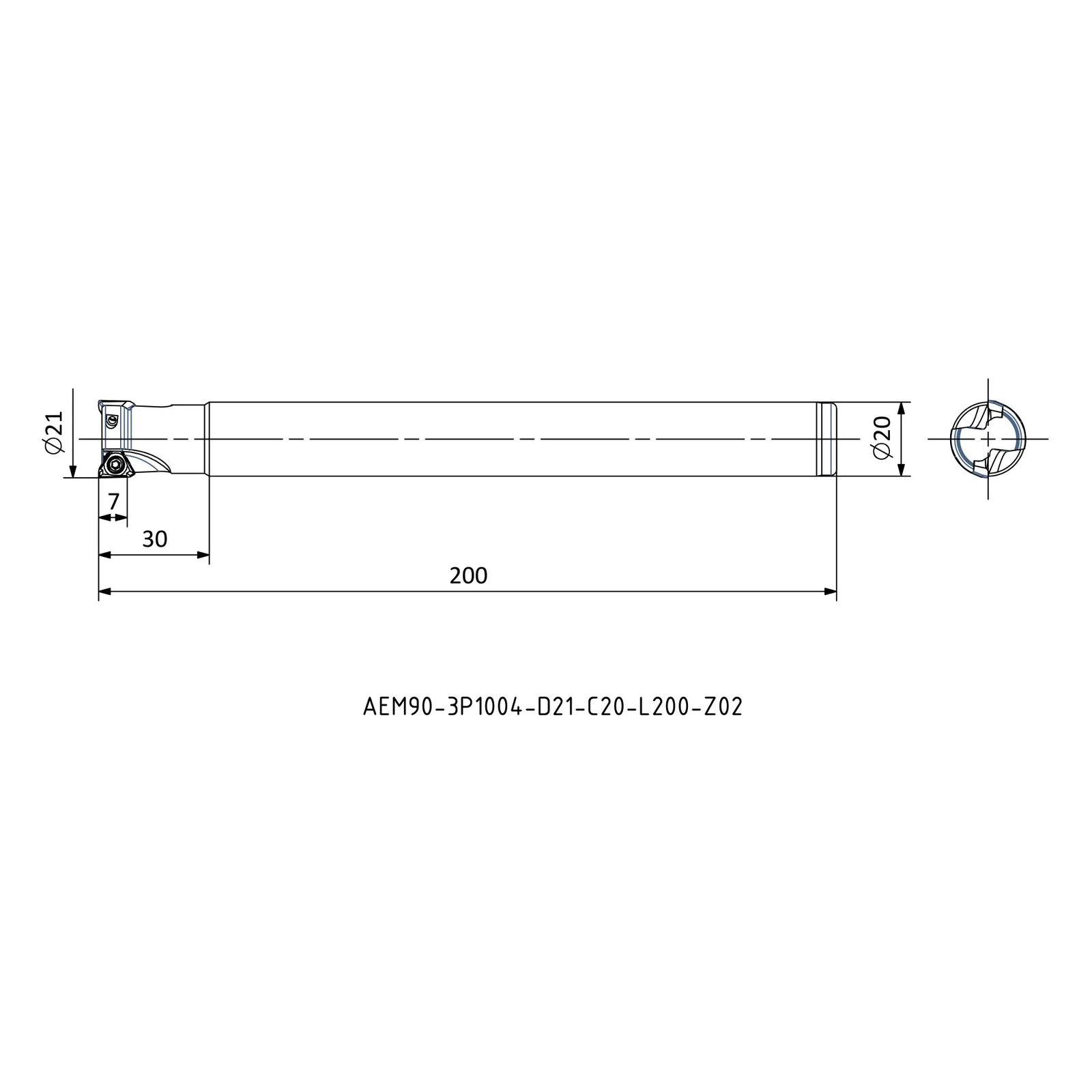 AEM90-3P1004-D21-C20-L200-Z02 &mdash; dimensioned drawing