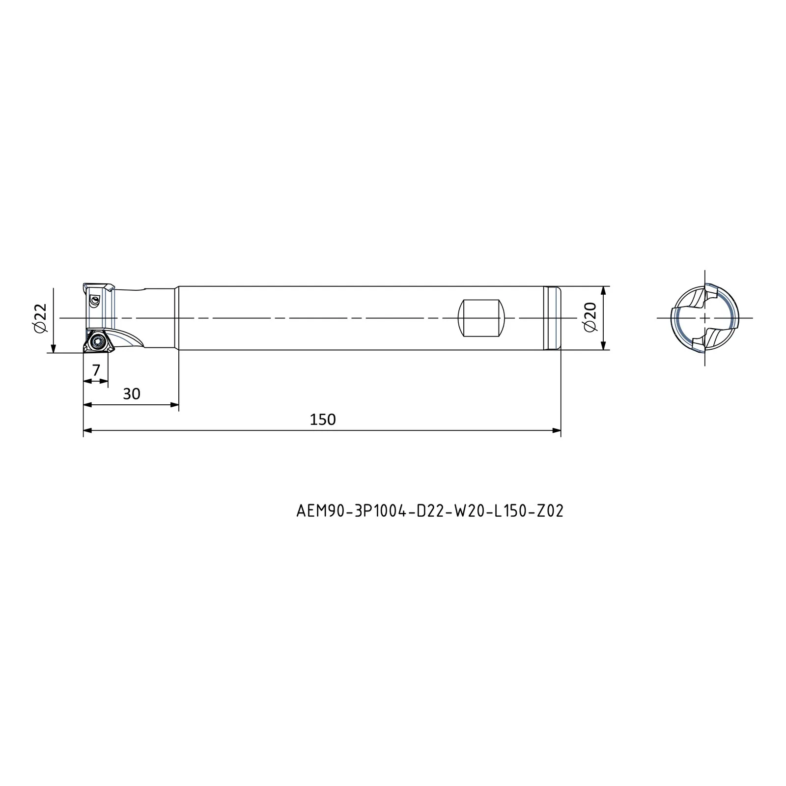 AEM90-3P1004-D22-W20-L150-Z02 &mdash; dimensioned drawing