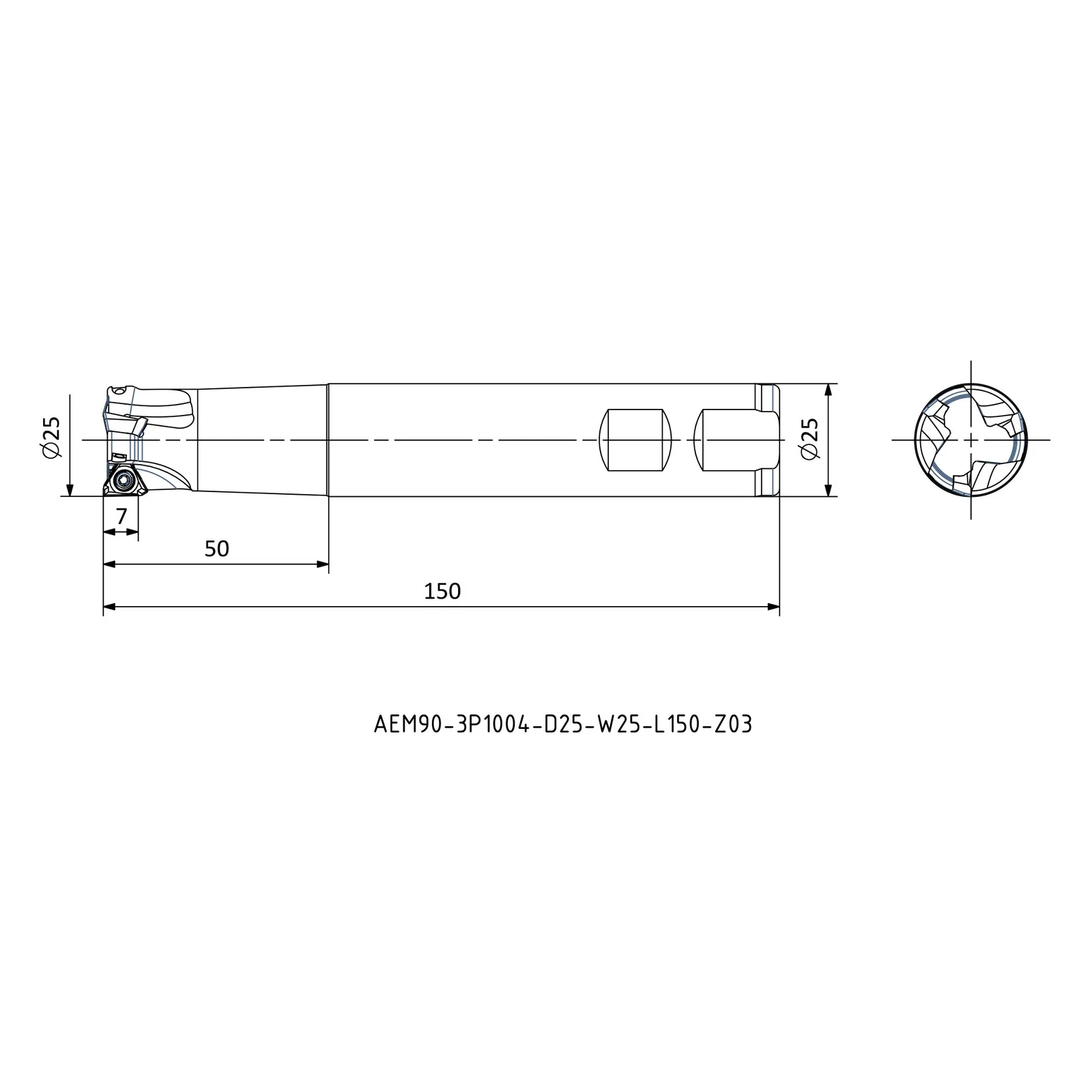 AEM90-3P1004-D25-W25-L150-Z03 &mdash; dimensioned drawing