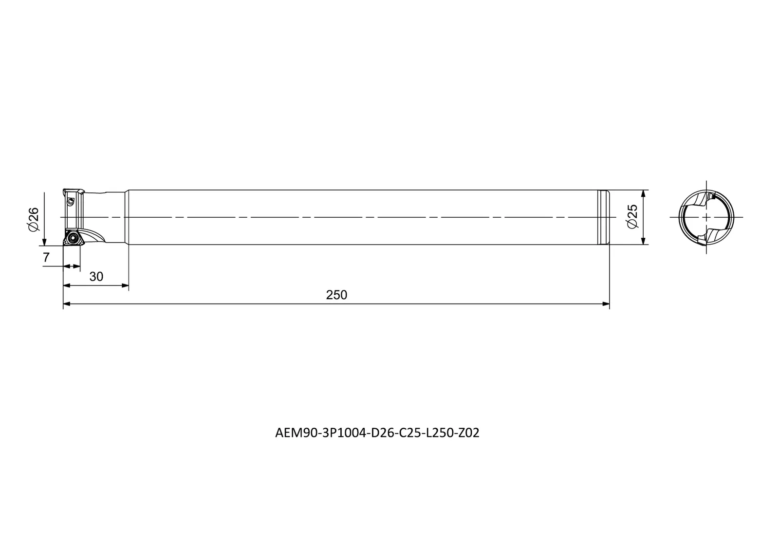 AEM90-3P1004-D26-C25-L250-Z02 &mdash; dimensioned drawing