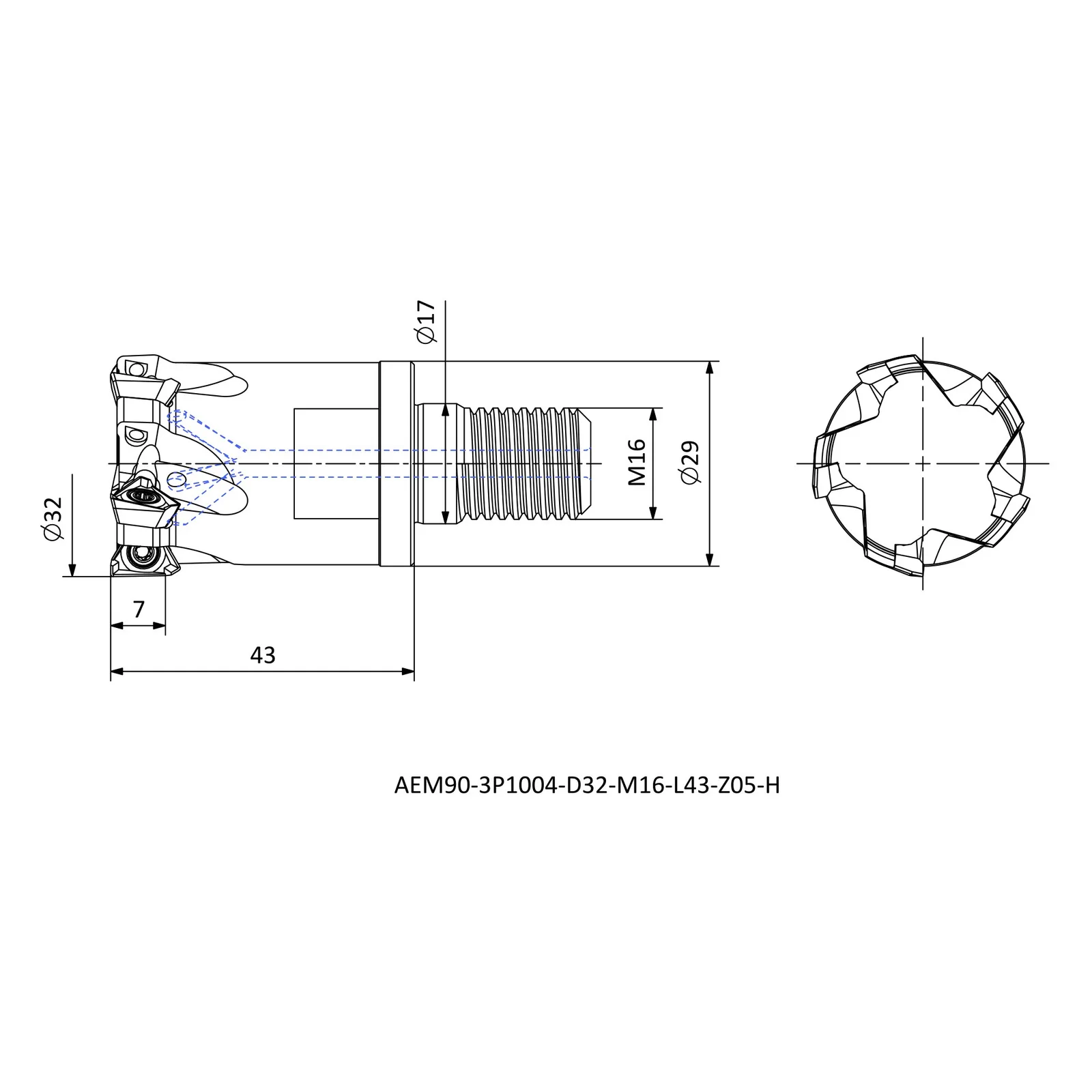 AEM90-3P1004-D32-M16-L43-Z05-H &mdash; dimensioned drawing
