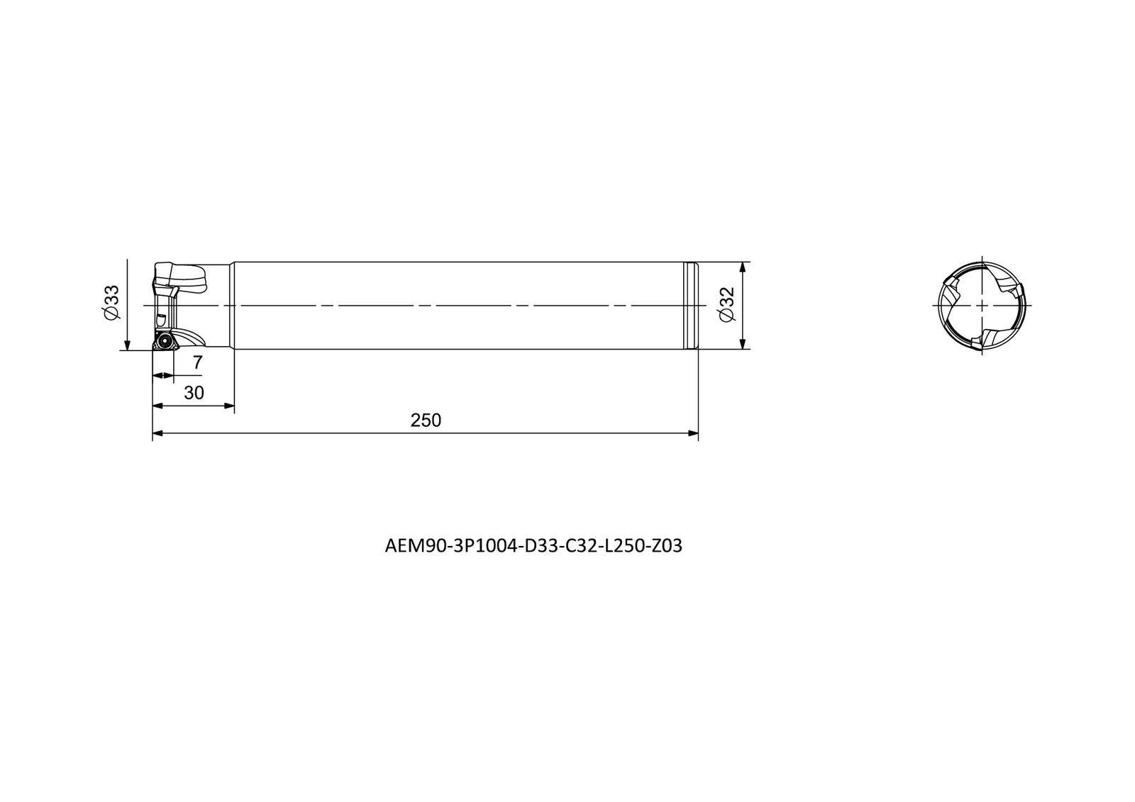 AEM90-3P1004-D33-C32-L250-Z03 &mdash; dimensioned drawing