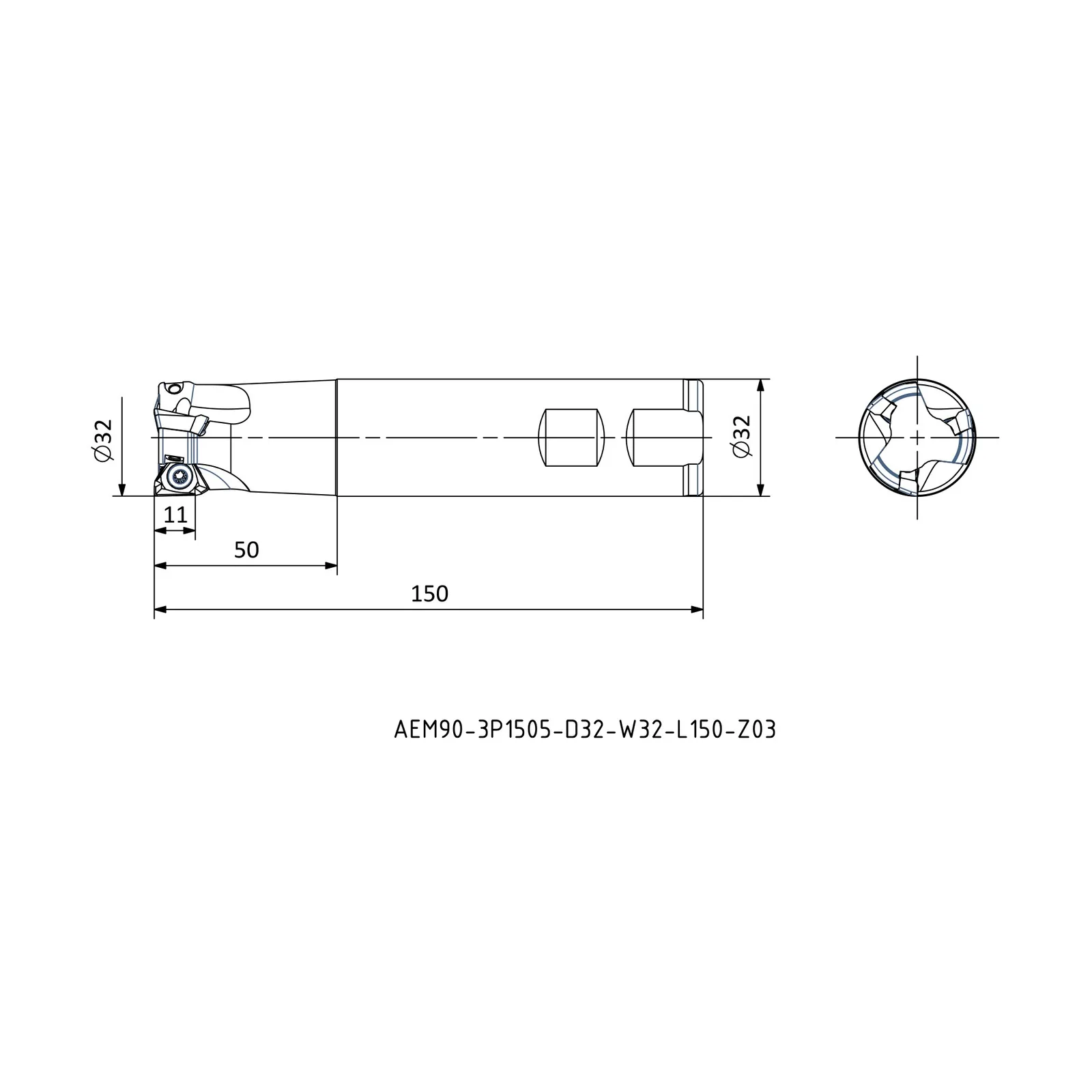 AEM90-3P1505-D32-W32-L150-Z03 &mdash; dimensioned drawing