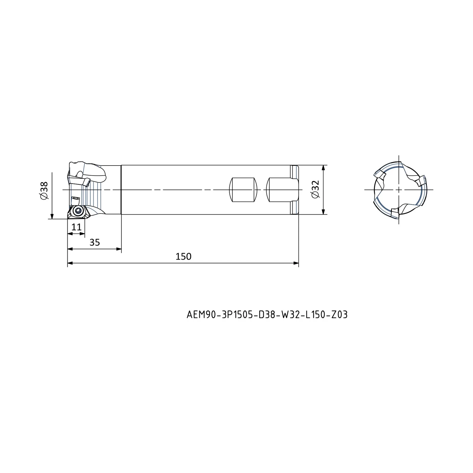 AEM90-3P1505-D38-W32-L150-Z03 &mdash; dimensioned drawing