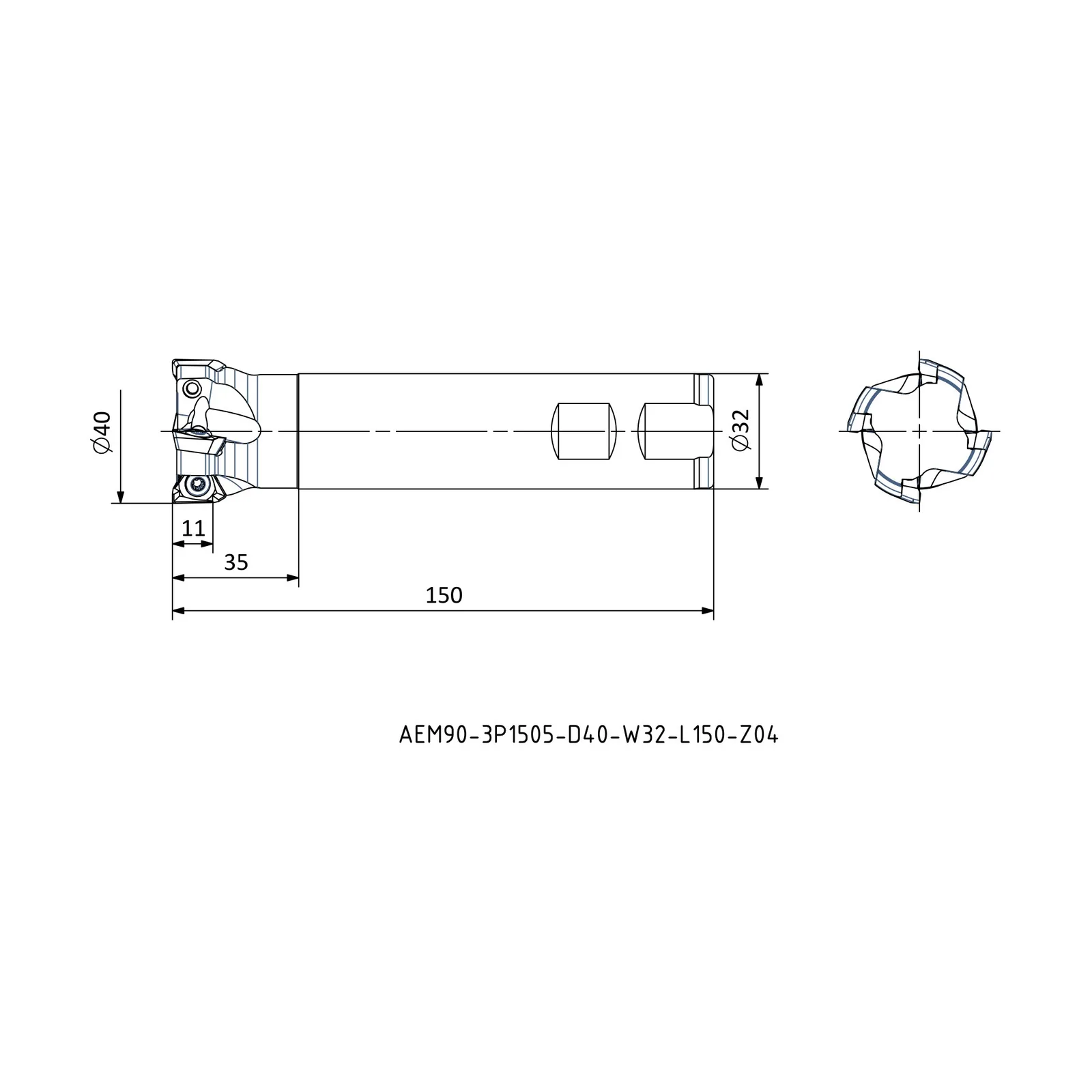 AEM90-3P1505-D40-W32-L150-Z04 &mdash; dimensioned drawing