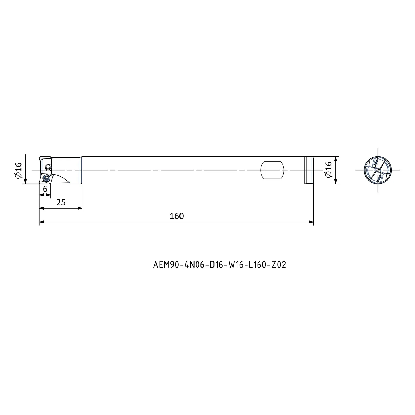 AEM90-4N06-D16-W16-L160-Z02 &mdash; dimensioned drawing