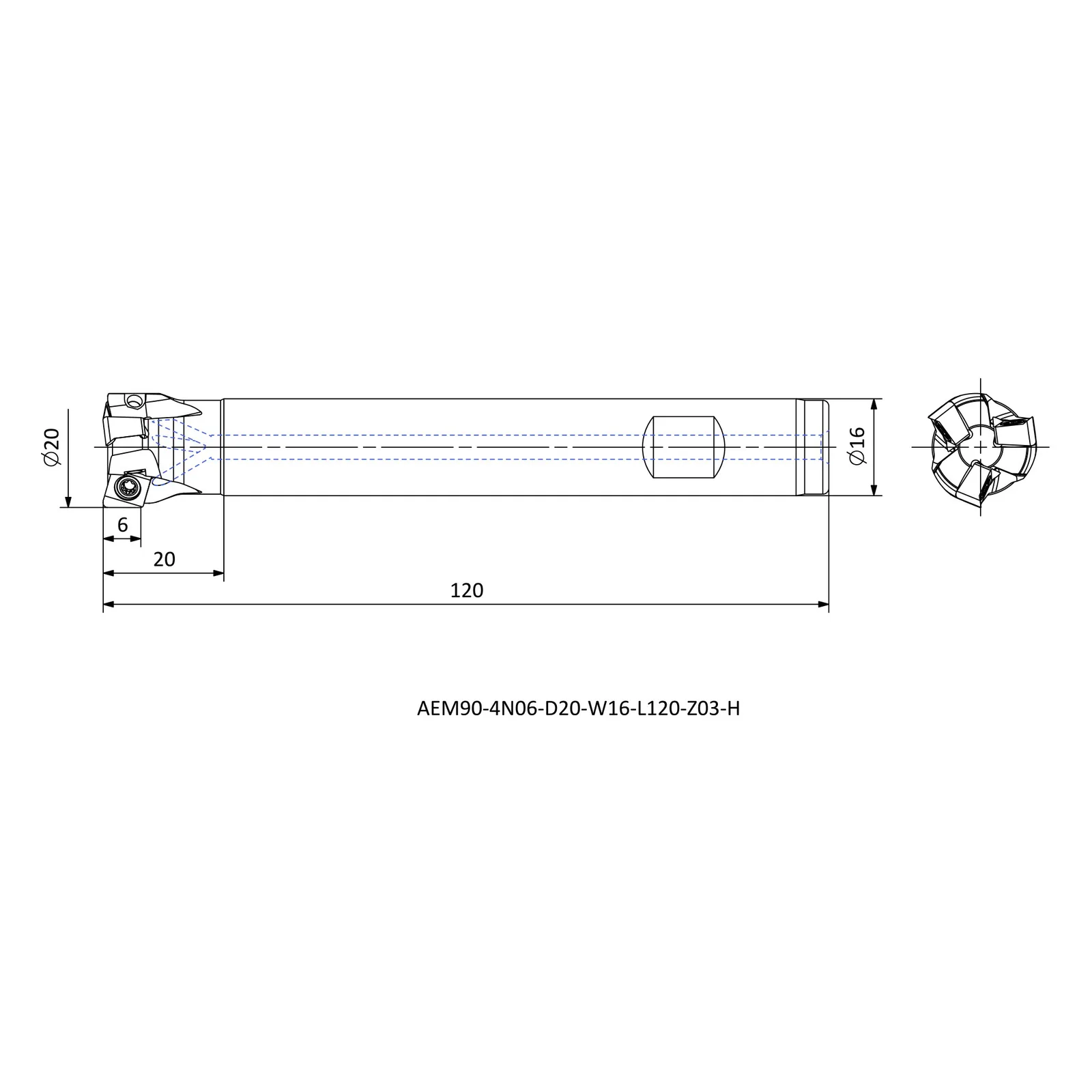 AEM90-4N06-D20-W16-L120-Z03-H &mdash; dimensioned drawing