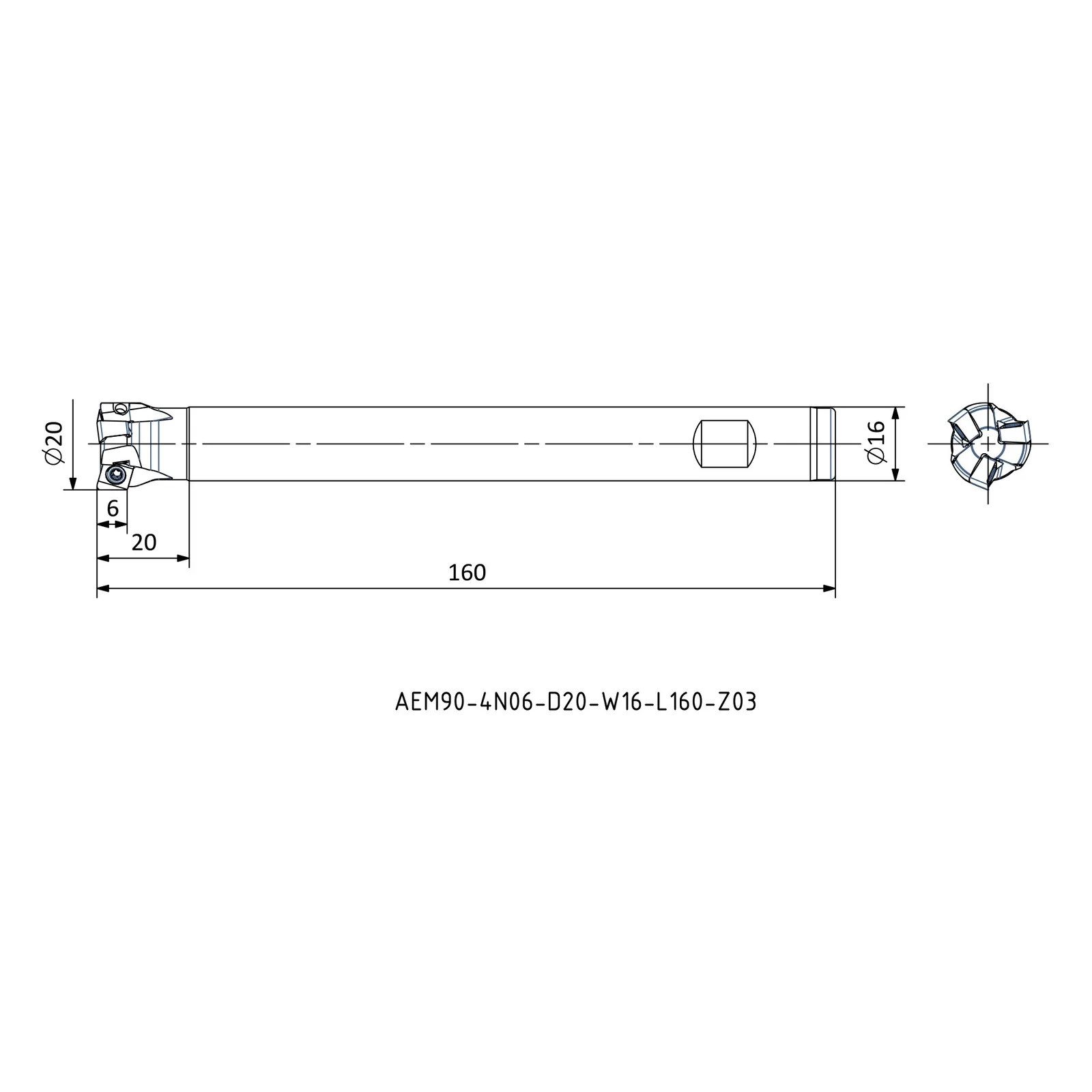 AEM90-4N06-D20-W16-L160-Z03 &mdash; dimensioned drawing